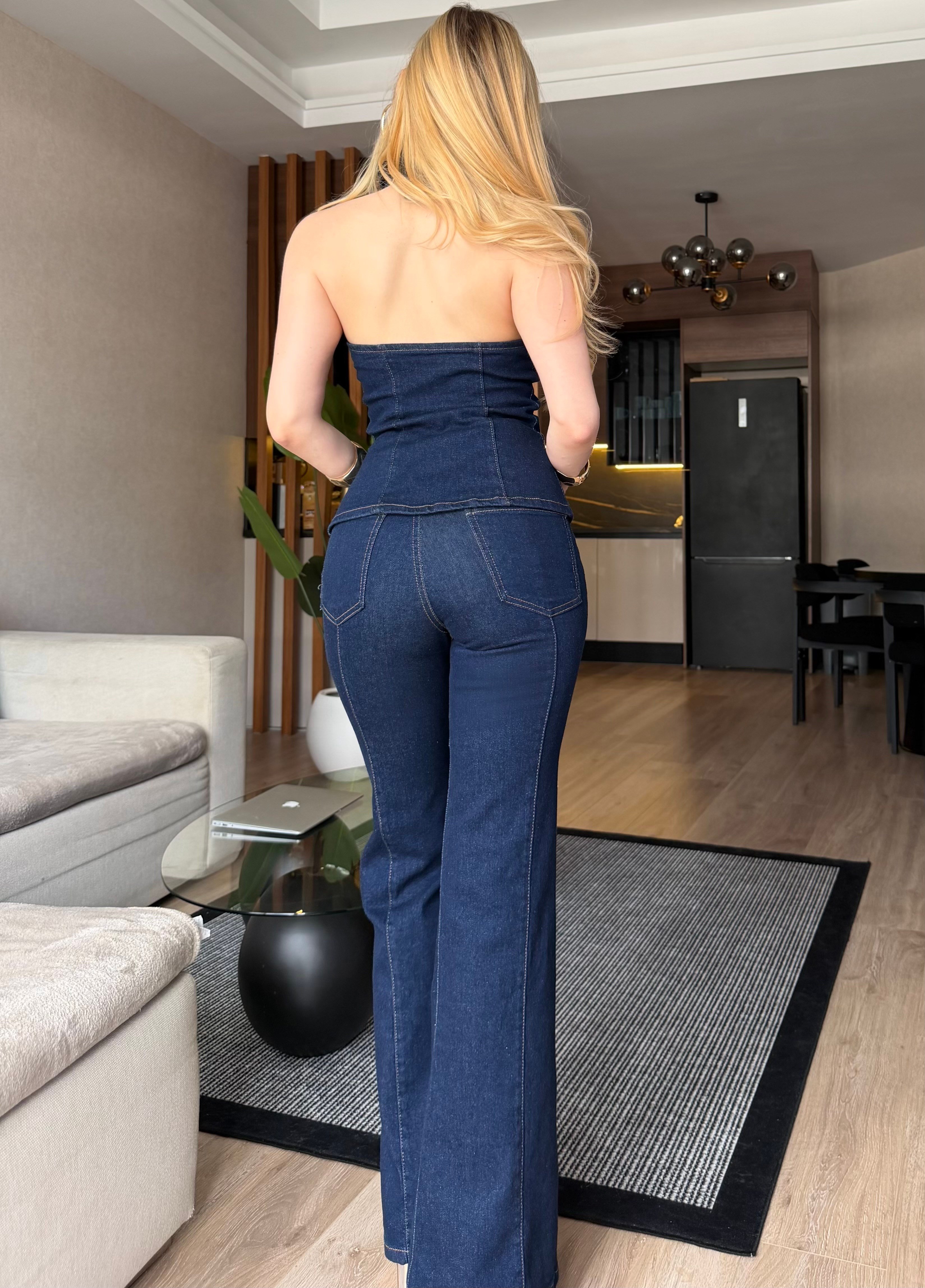 Halter Yaka Gold Detaylı Dark Denim Takım