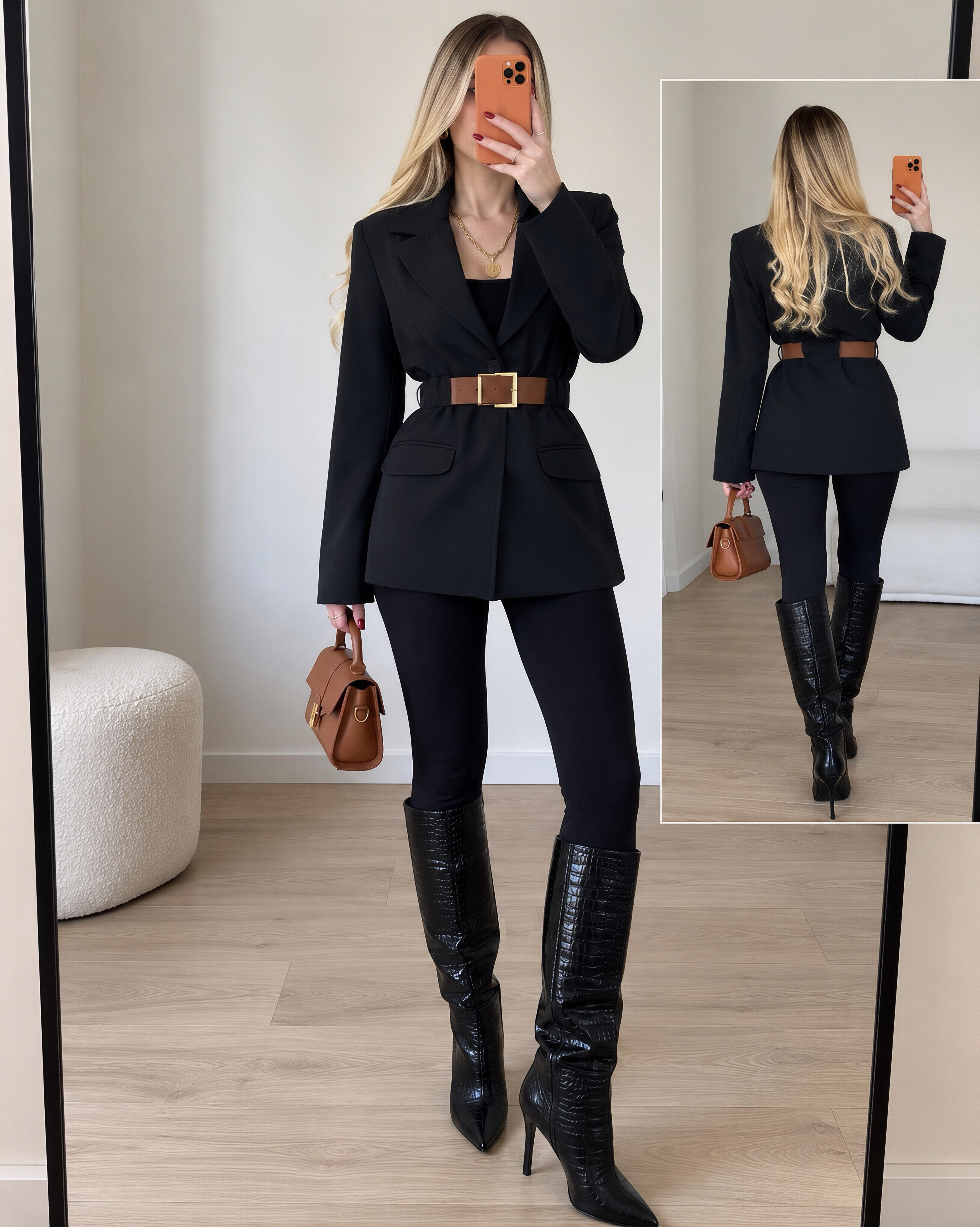 Kemer Detaylı İçi Astarlı Tasarım Blazer Ceket