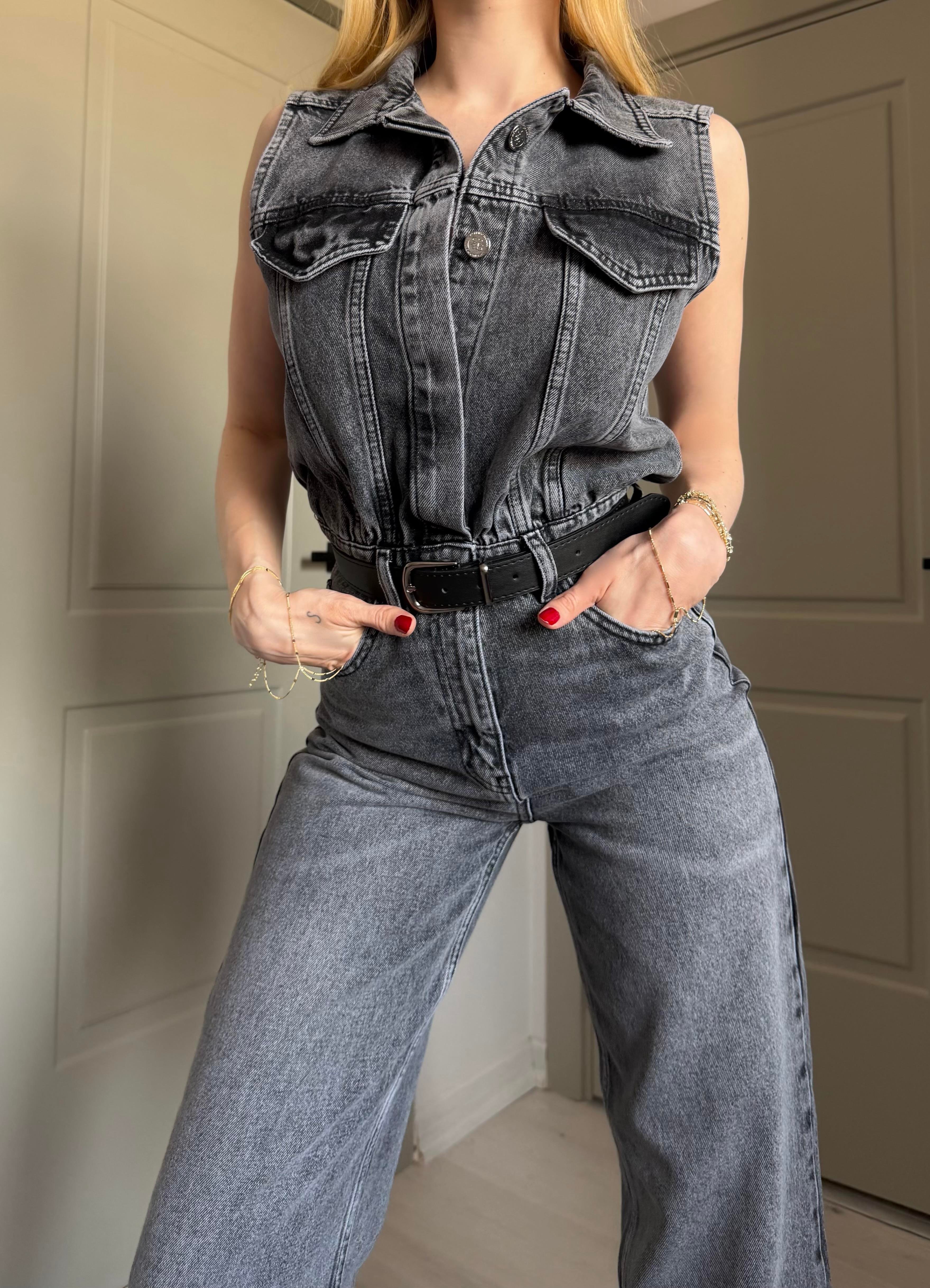 Kemerli Grey Mode Denim Tulum