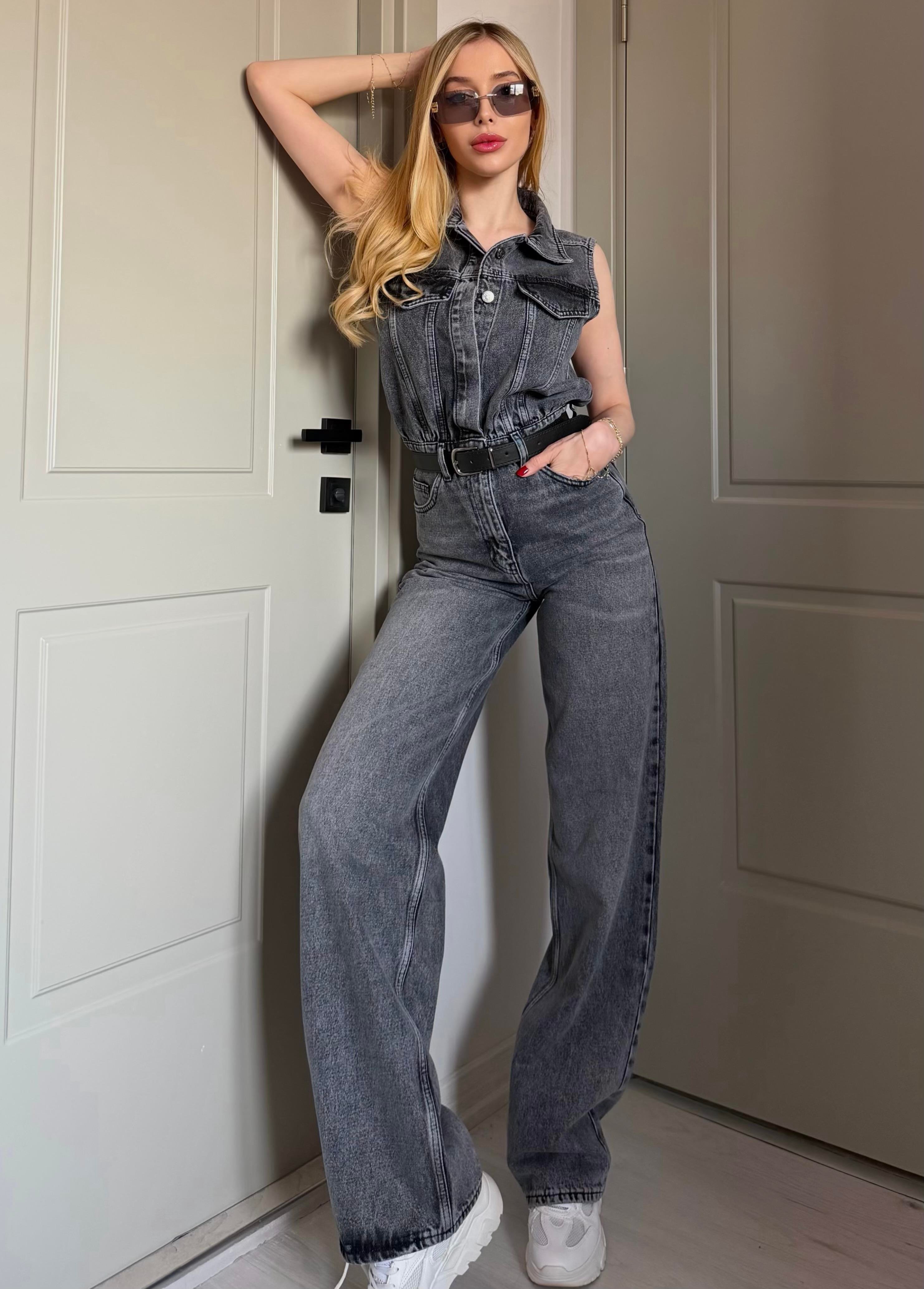 Kemerli Grey Mode Denim Tulum