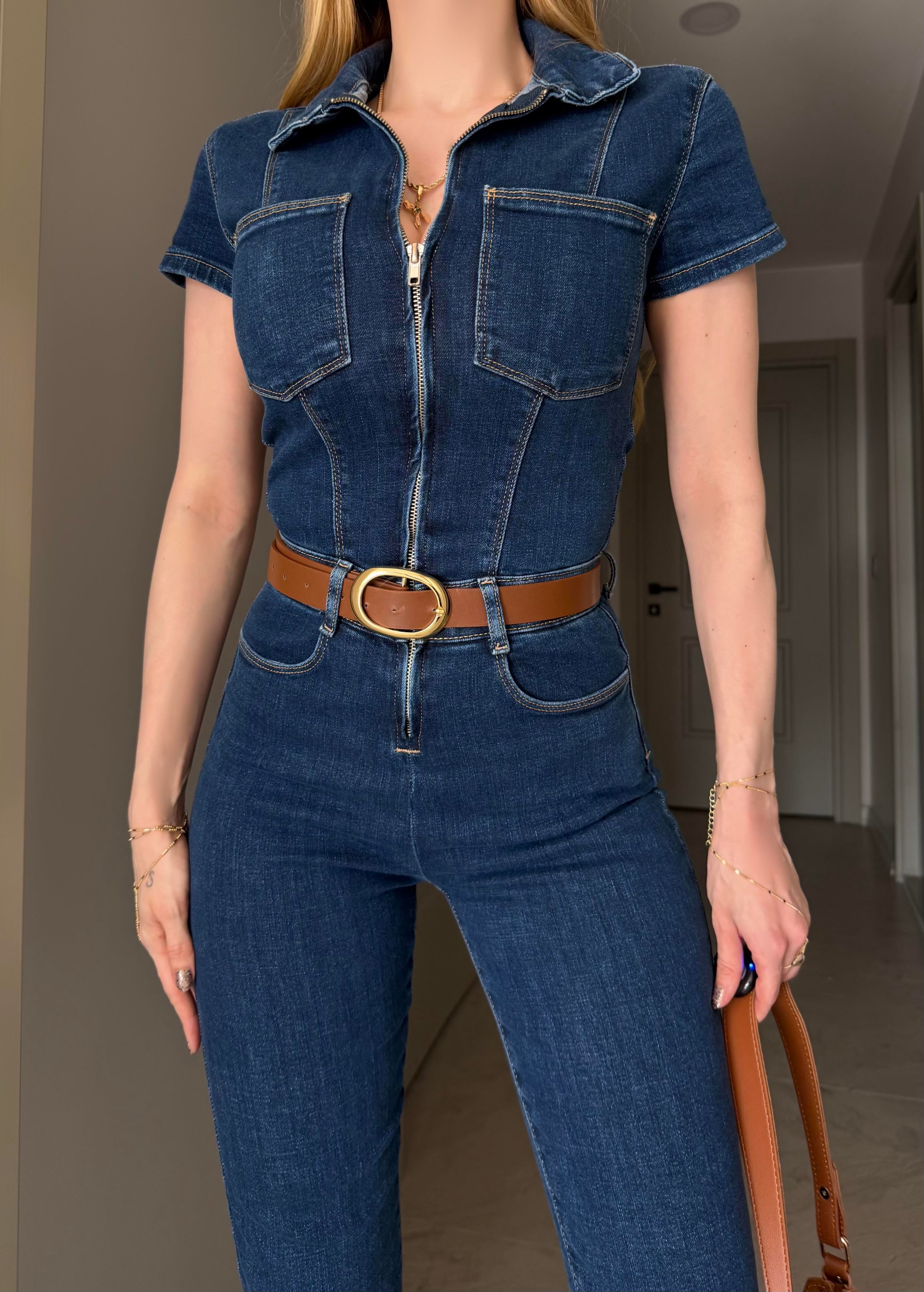 Kemerli Ultra Shape Fit Denim Tulum