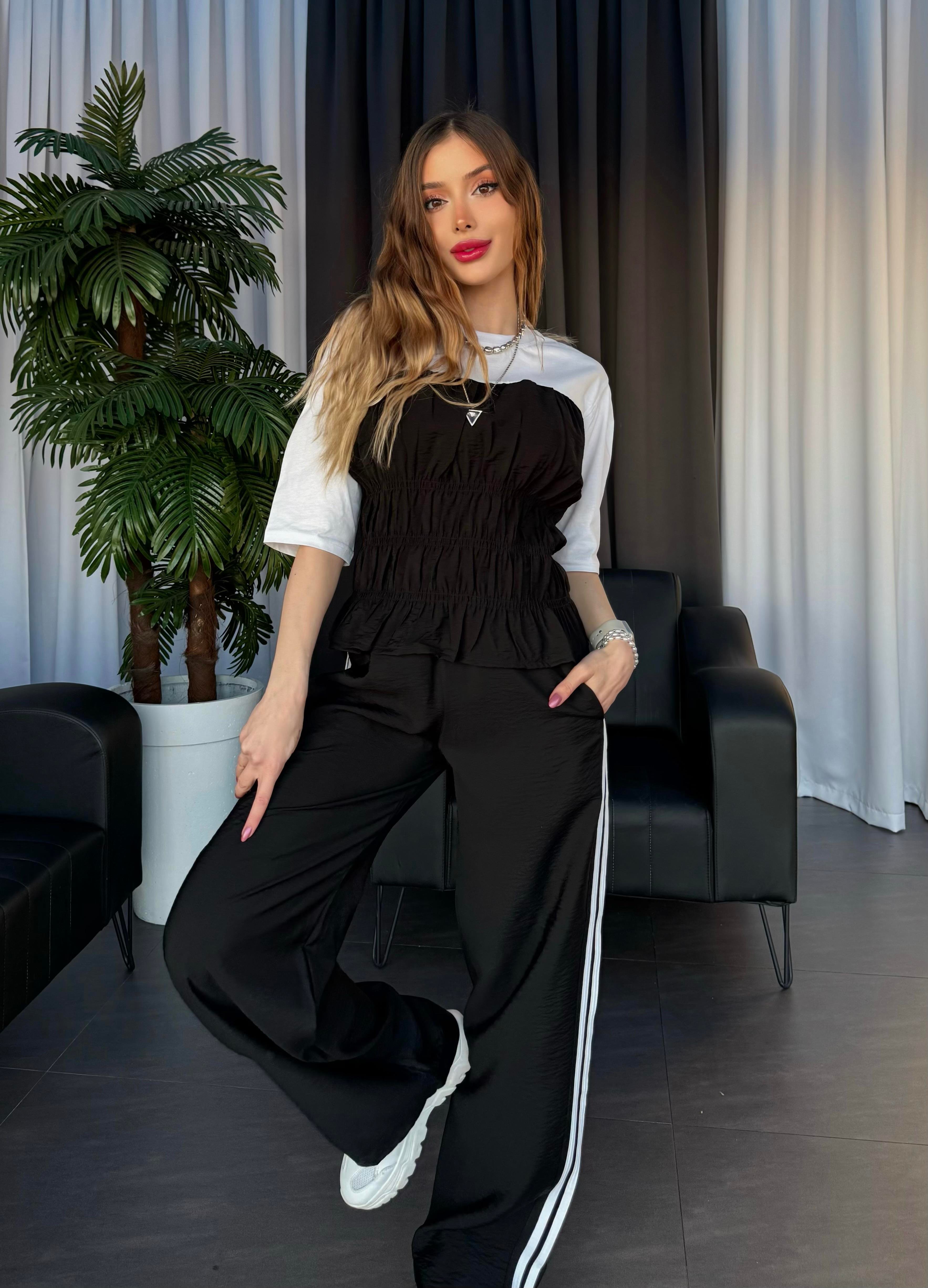 Krinkıl Kumaş Büzgülü Yüksek Bel Elegance Takım Siyah