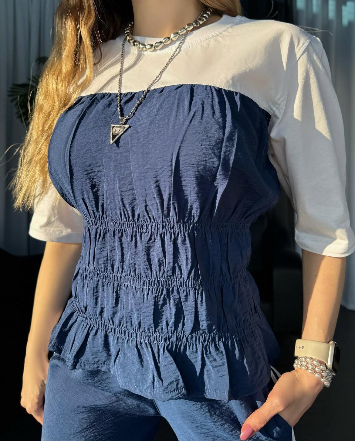 Krinkıl Kumaş Büzgülü Yüksek Bel Elegance Takım Lacivert