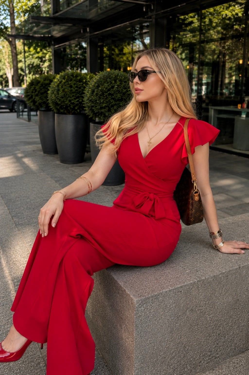 Kruvaze Yaka Kuşaklı Bella Noir Elegance Tulum Kırmızı