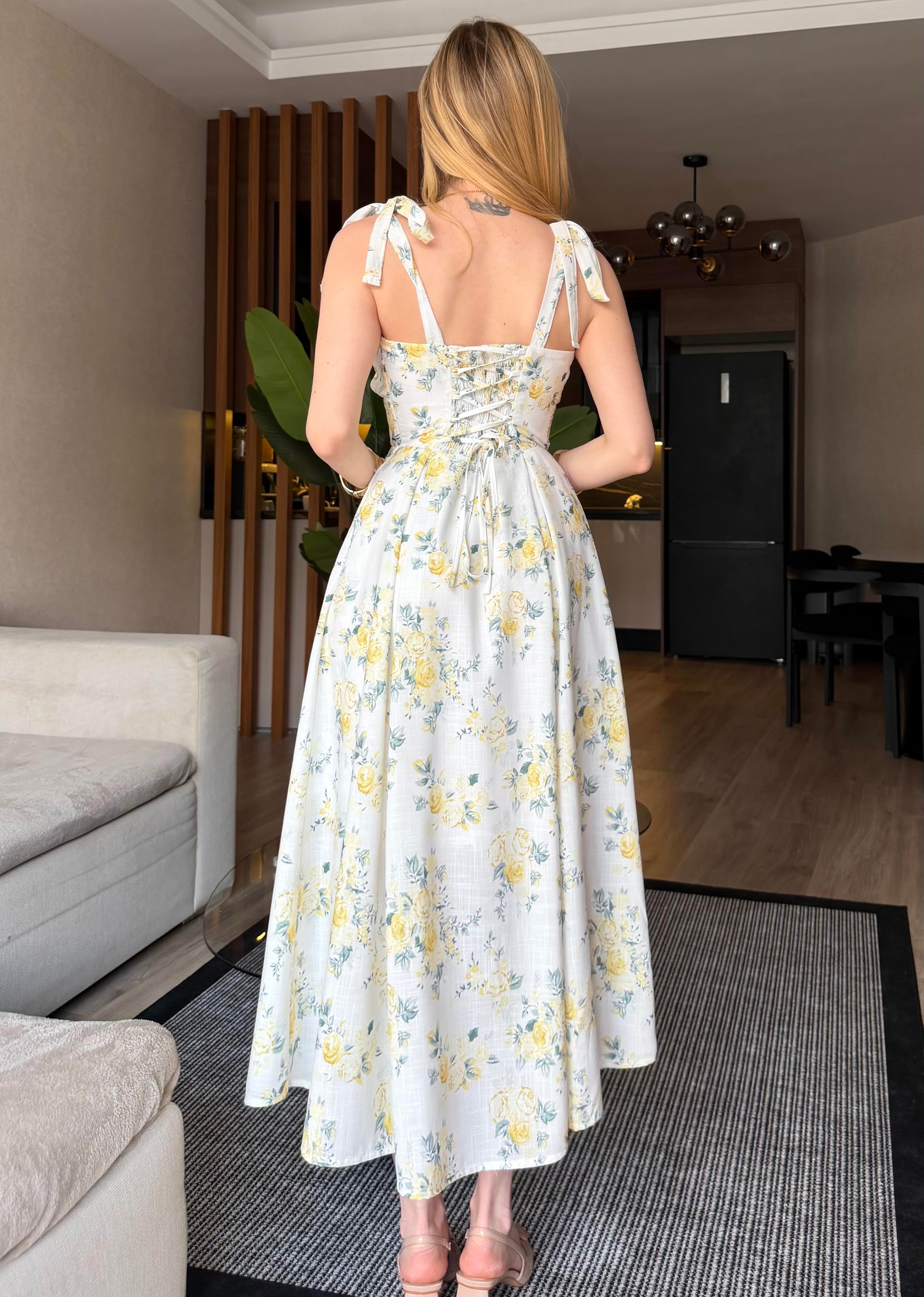 Lemon Blossom Bağlama Detaylı Midi Elbise