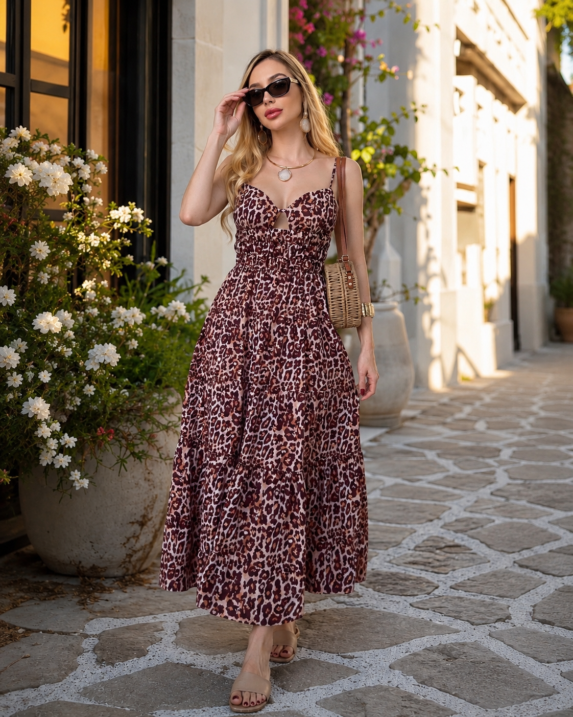 Leopar Safari Sırt Detaylı Maxi Elbise