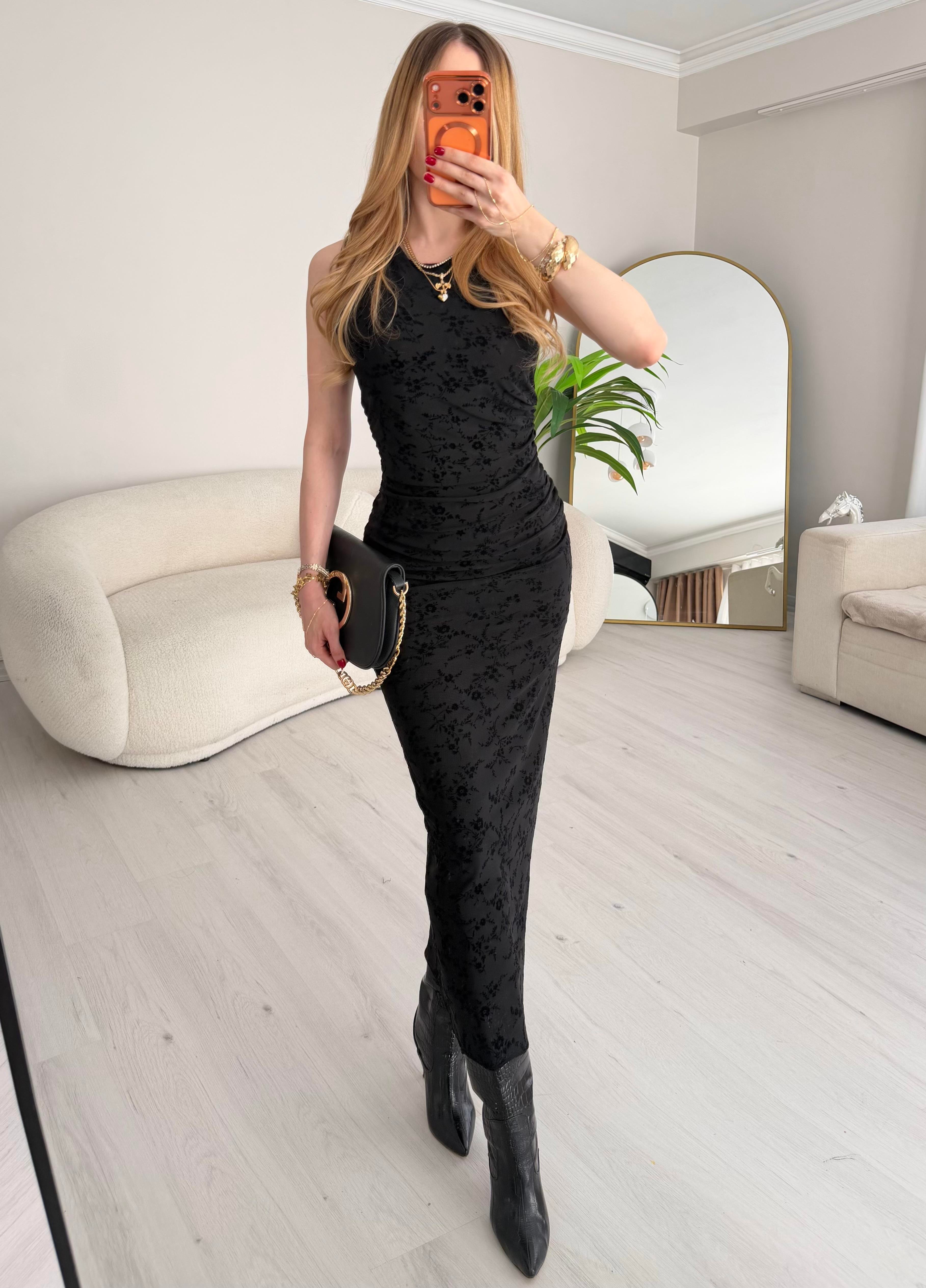 Midnight Bloom Fit Midi Elbise Siyah
