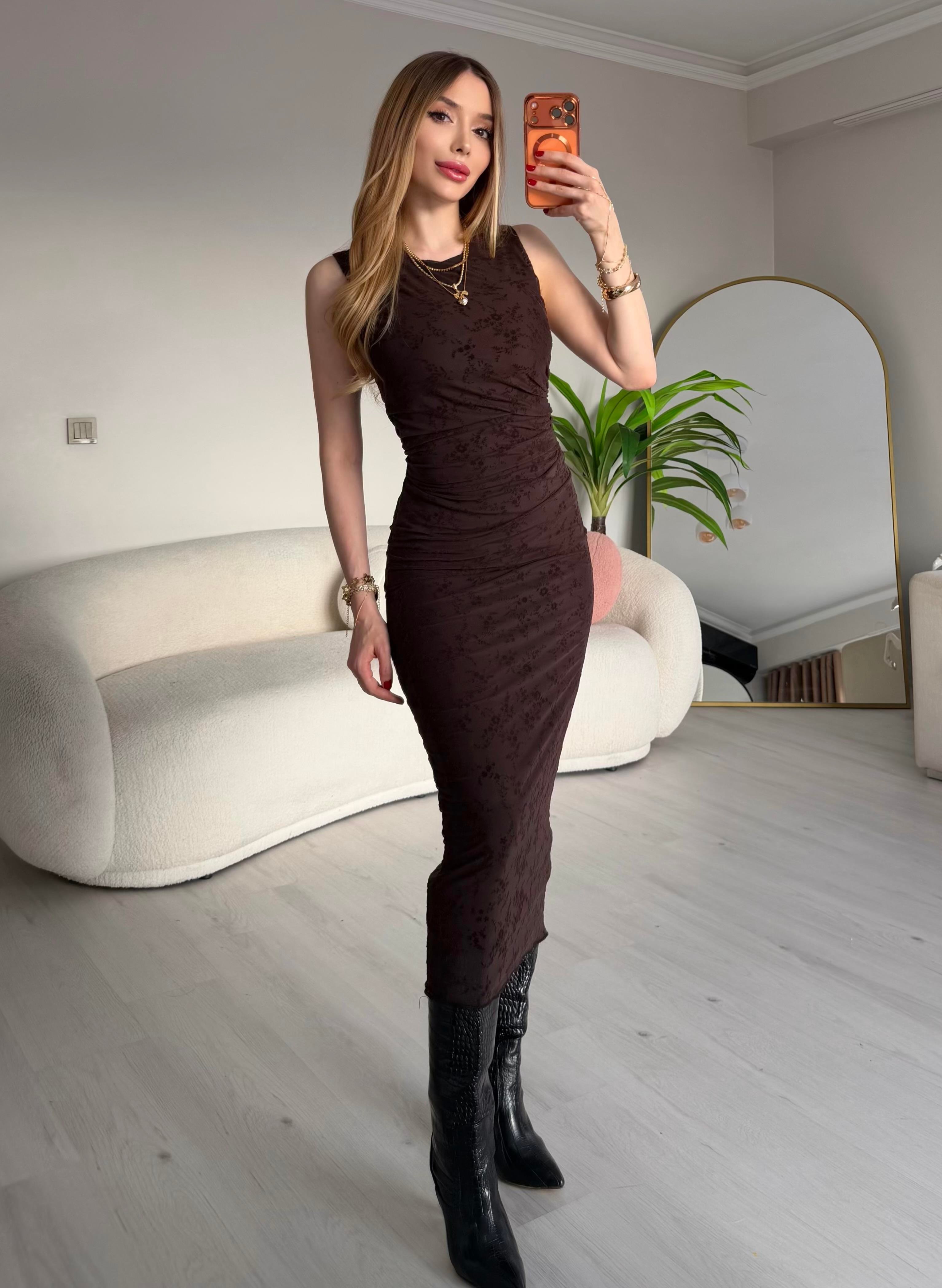 Mocha Bloom Fit Midi Elbise Kahve