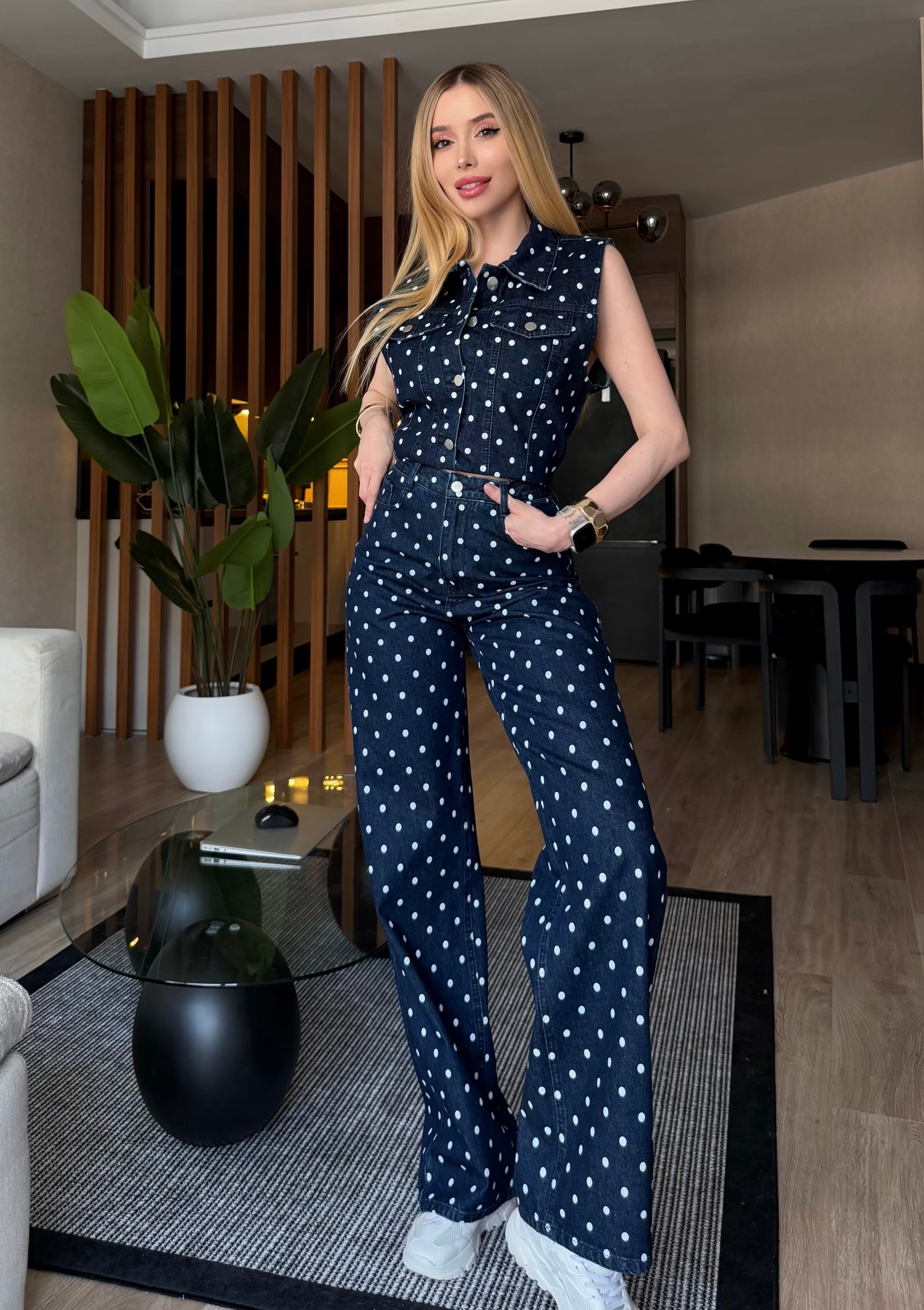 Mon Cheri Puantiye Yelekli Denim Takım Lacivert