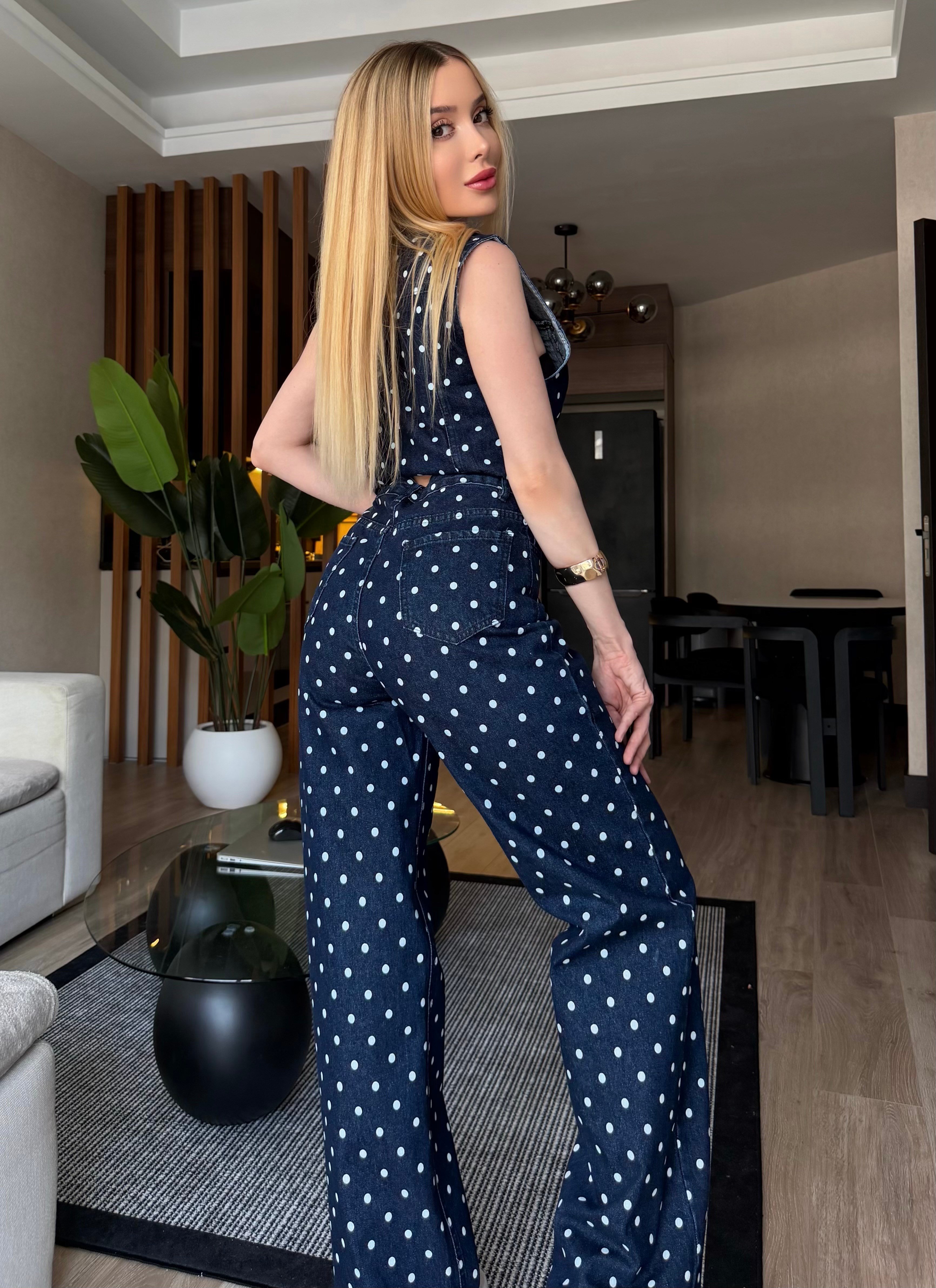 Mon Cheri Puantiye Yelekli Denim Takım Lacivert