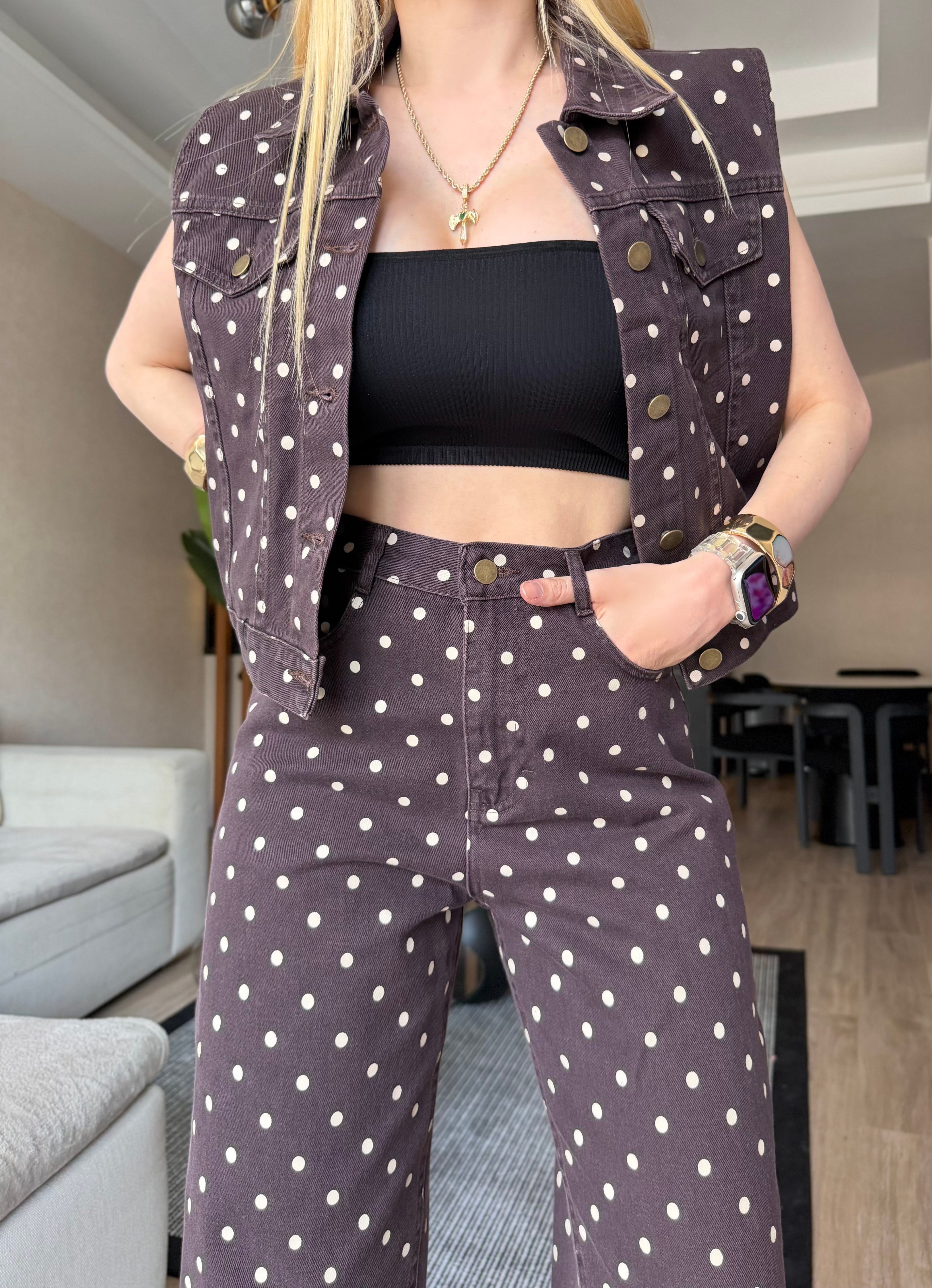 Mon Cheri Puantiye Yelekli Denim Takım Kahve