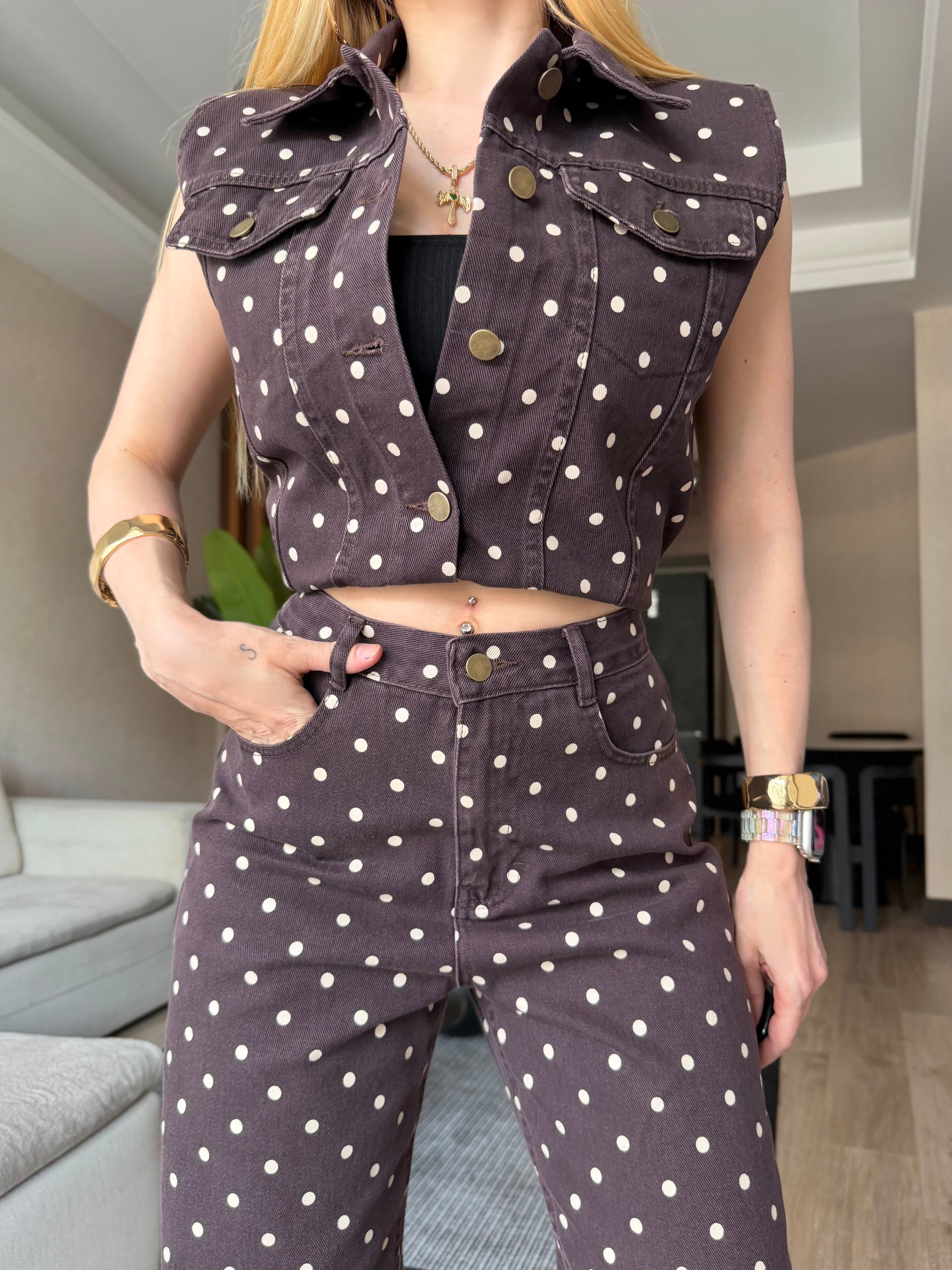 Mon Cheri Puantiye Yelekli Denim Takım Kahve