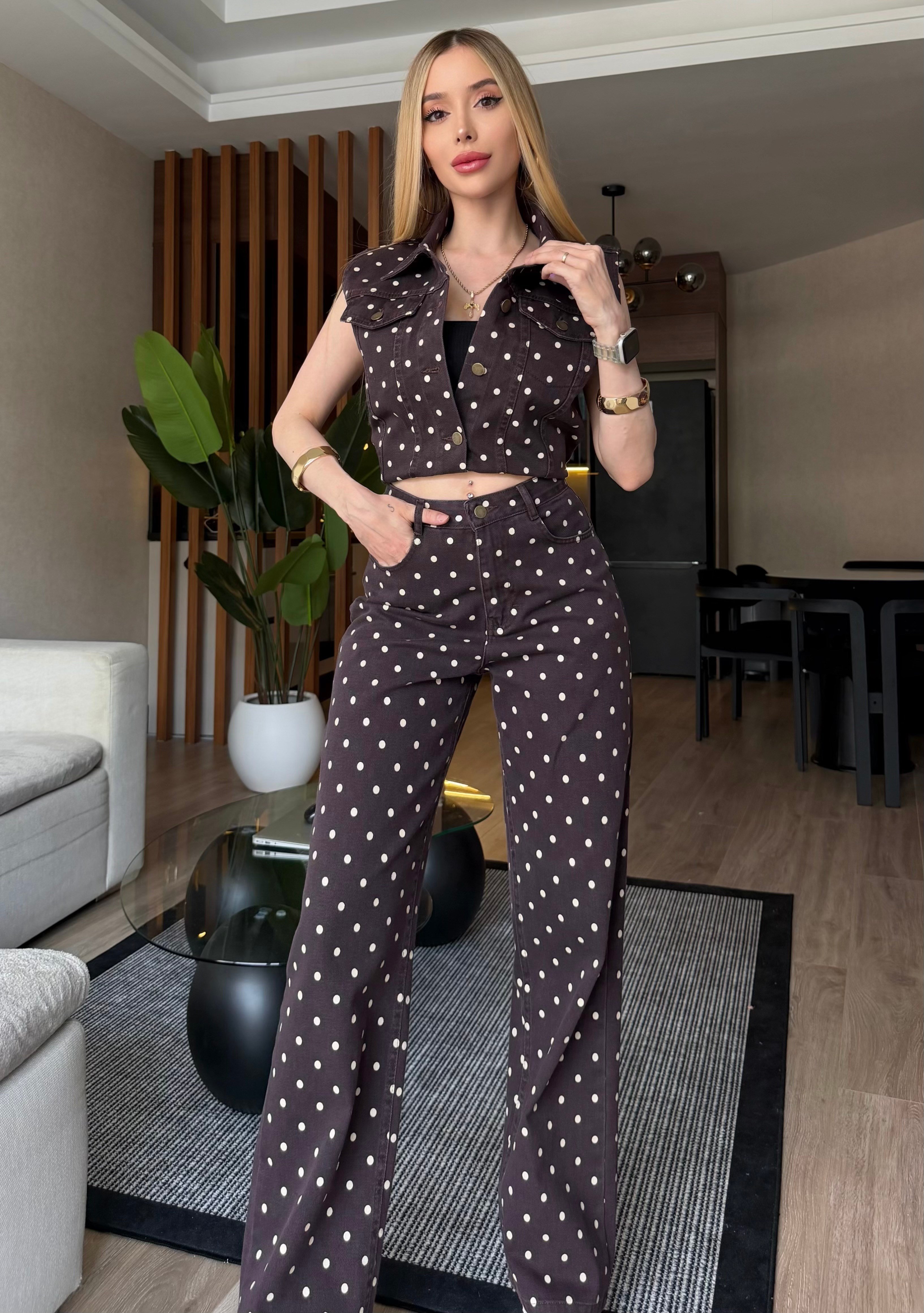 Mon Cheri Puantiye Yelekli Denim Takım Kahve