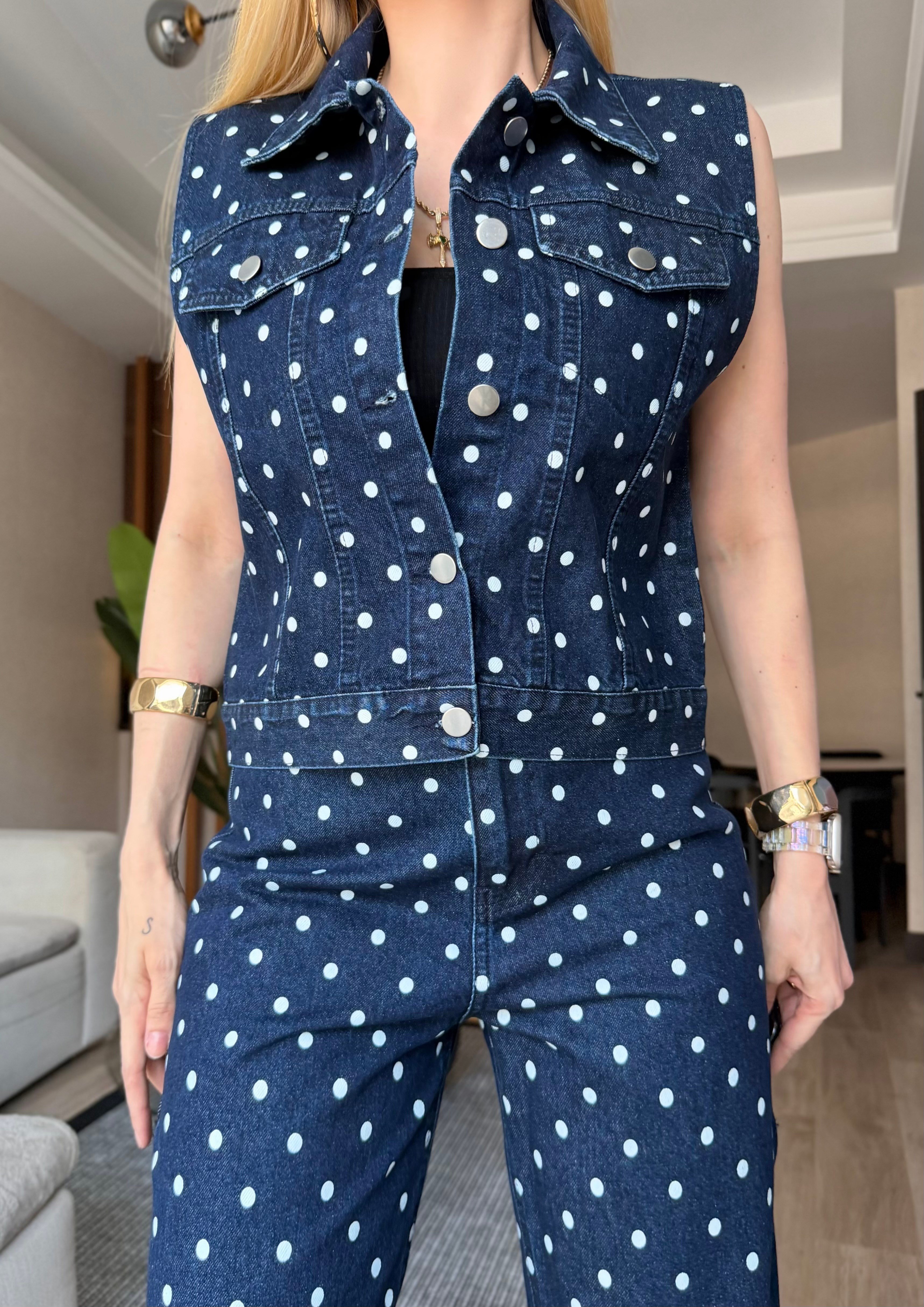Mon Cheri Puantiye Yelekli Denim Takım Lacivert