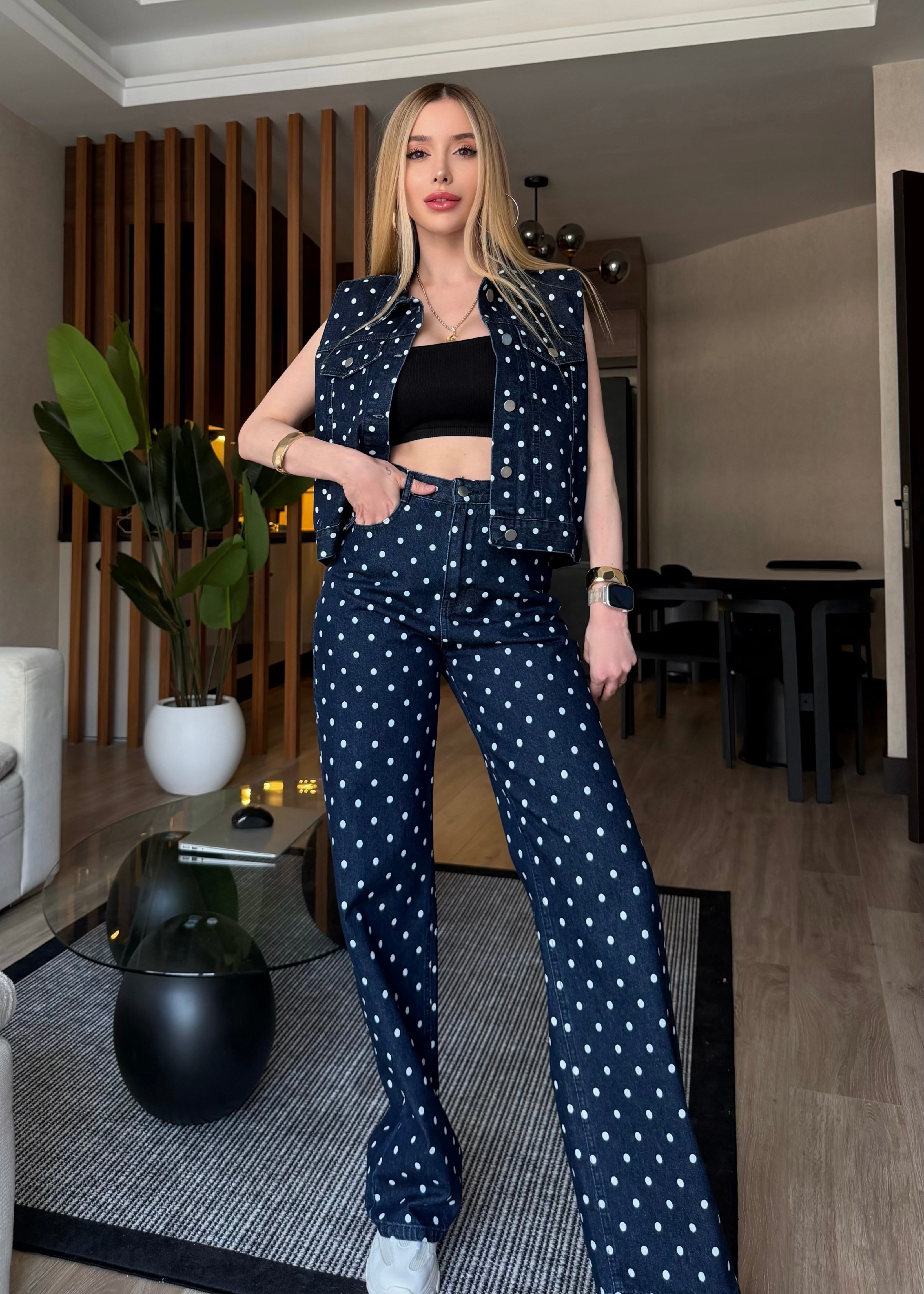 Mon Cheri Puantiye Yelekli Denim Takım Lacivert