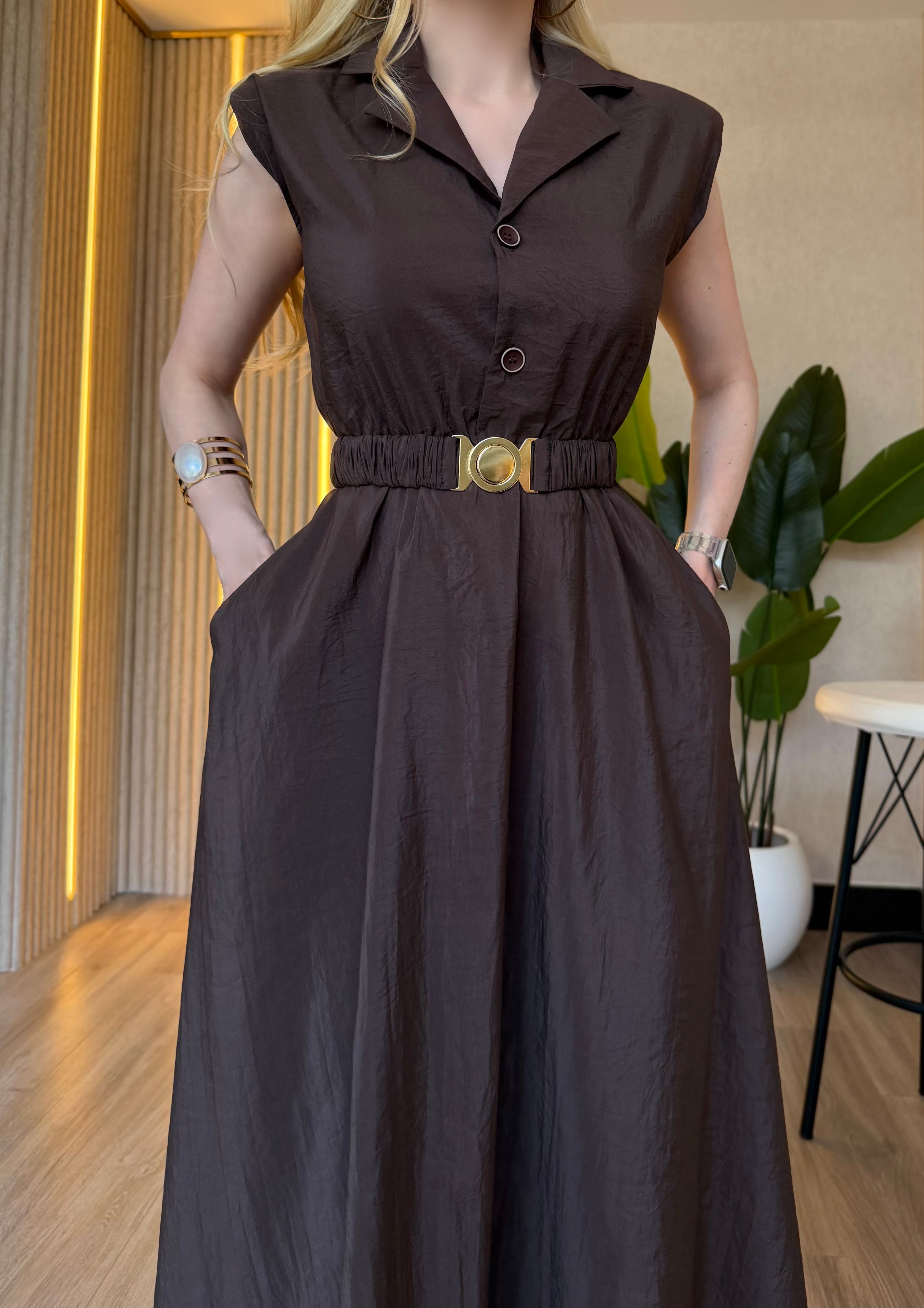 Monaco Chic Gold Tokalı Midi Elbise