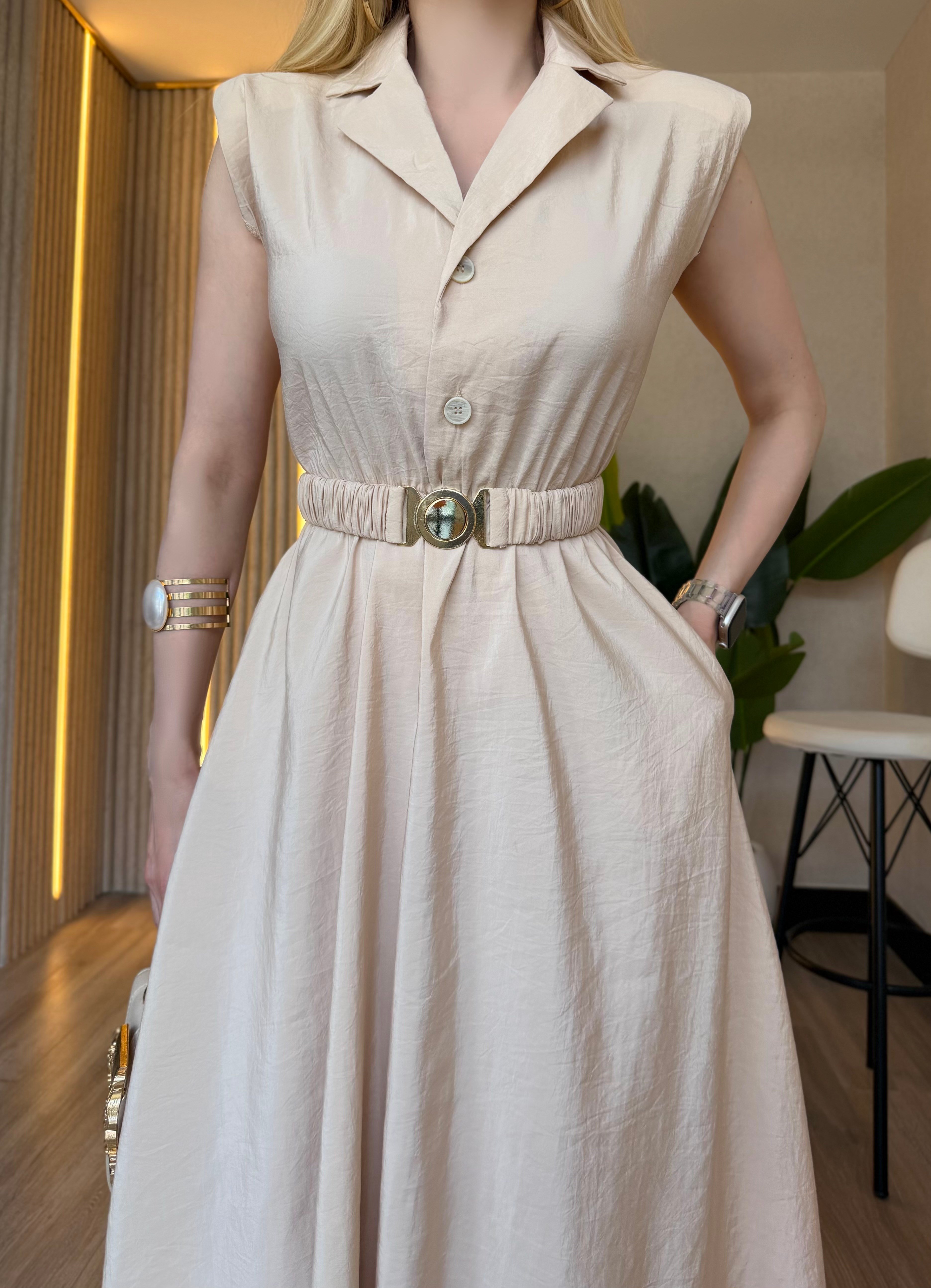 Monaco Chic Gold Tokalı Midi Elbise