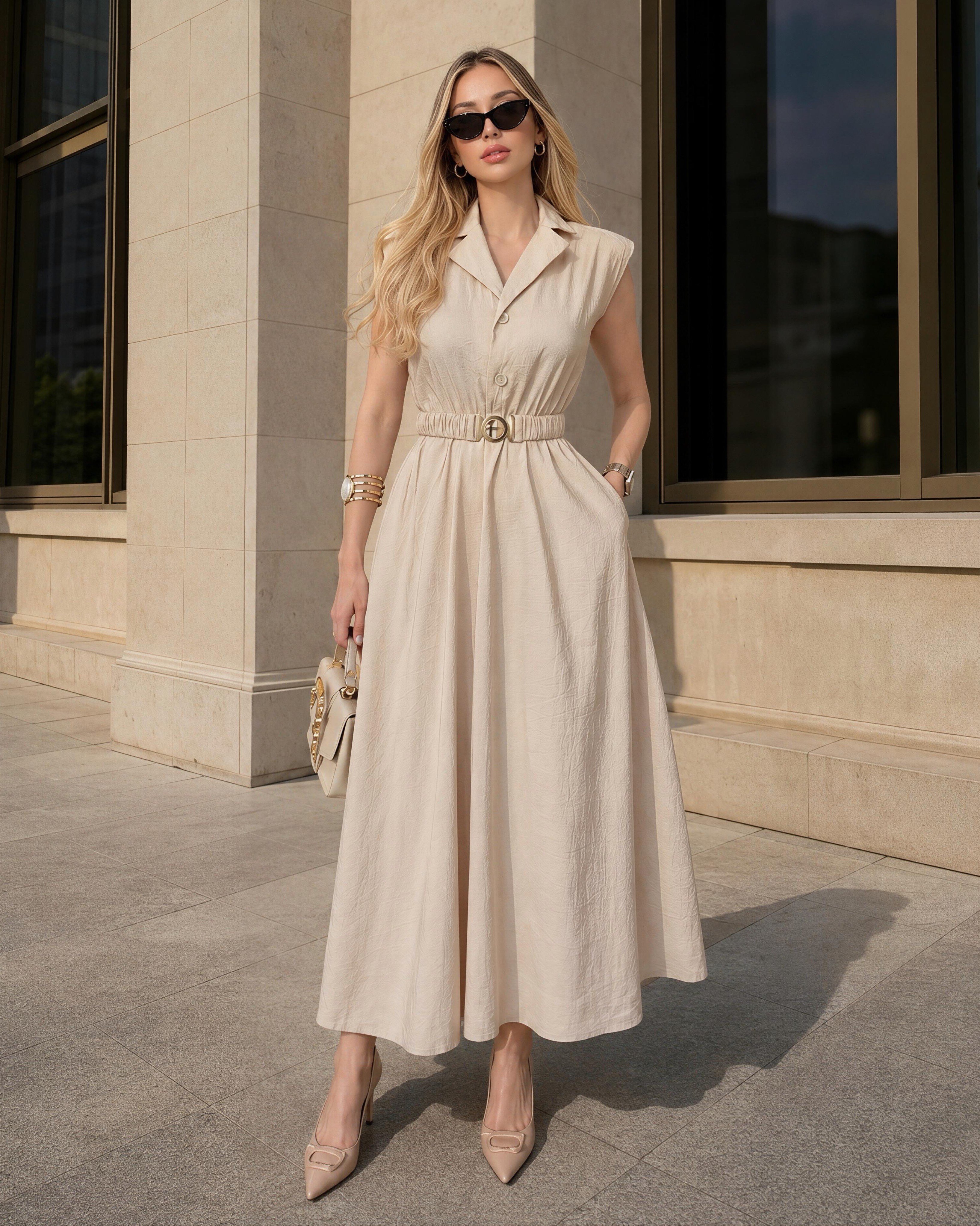Monaco Chic Gold Tokalı Midi Elbise