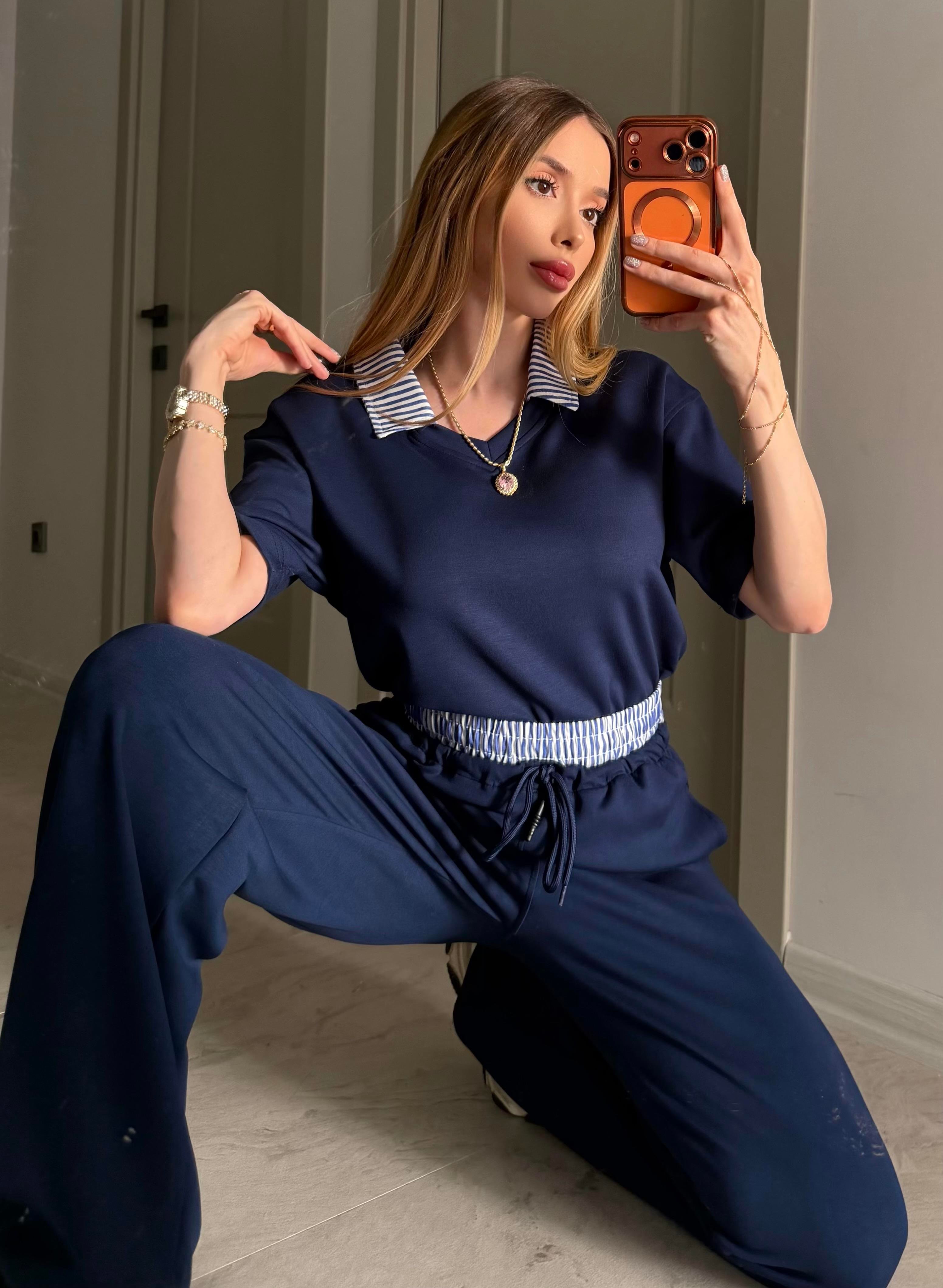 Polo Yaka Çizgi Detaylı Royal Stripe Takım