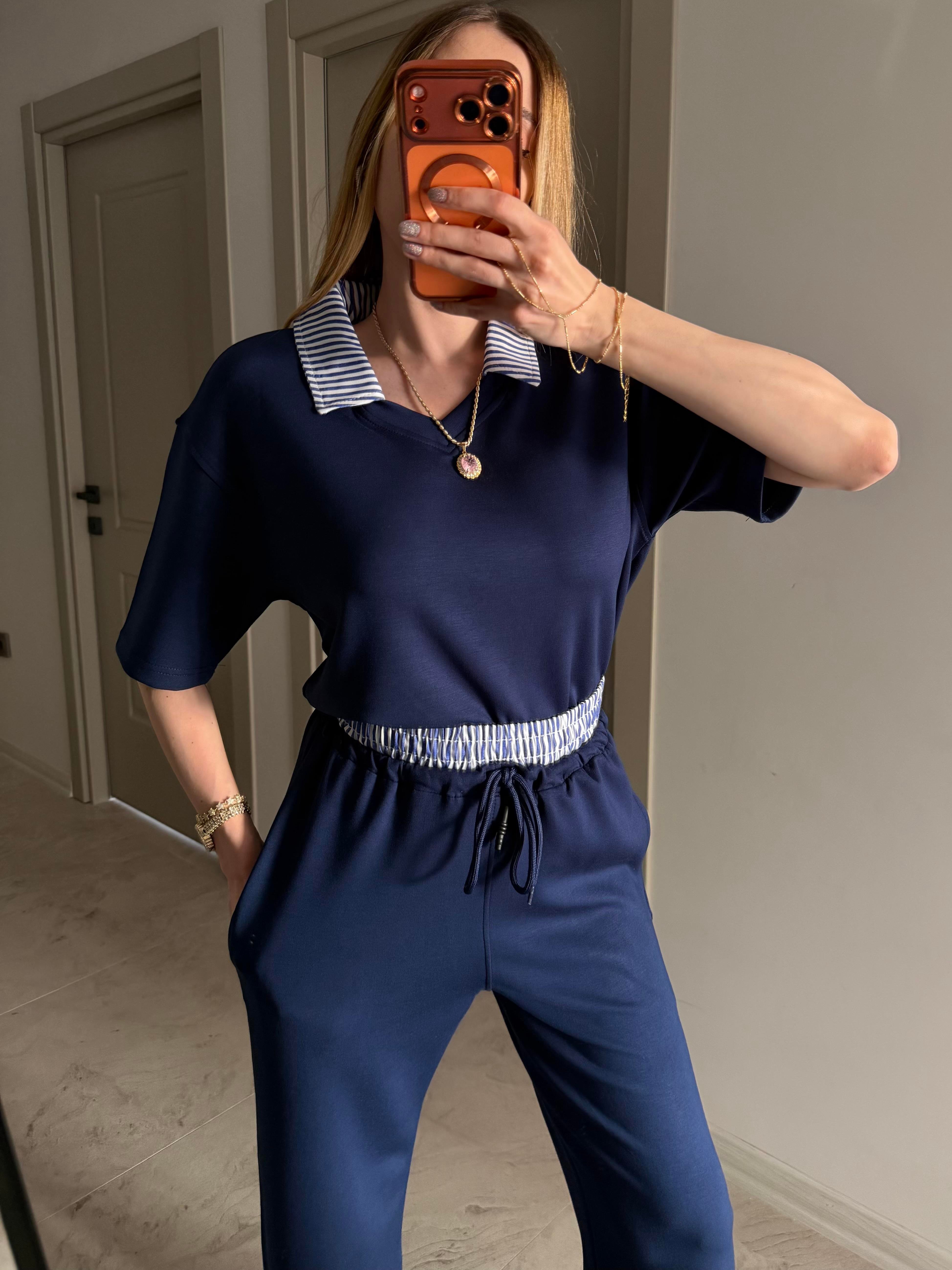 Polo Yaka Çizgi Detaylı Royal Stripe Takım