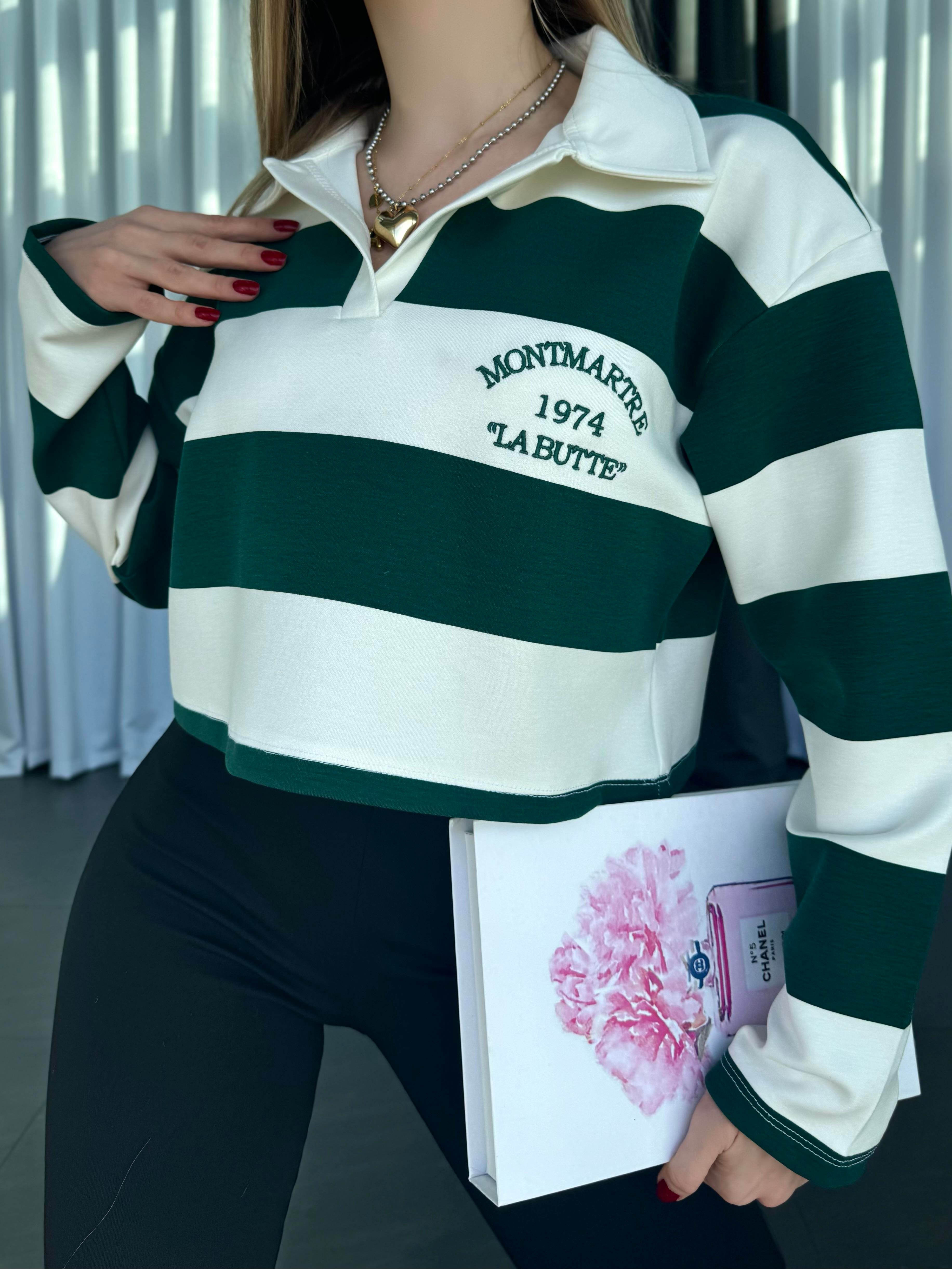 Polo Yaka İşlemeli Çizgili Yarım Sweatshirt