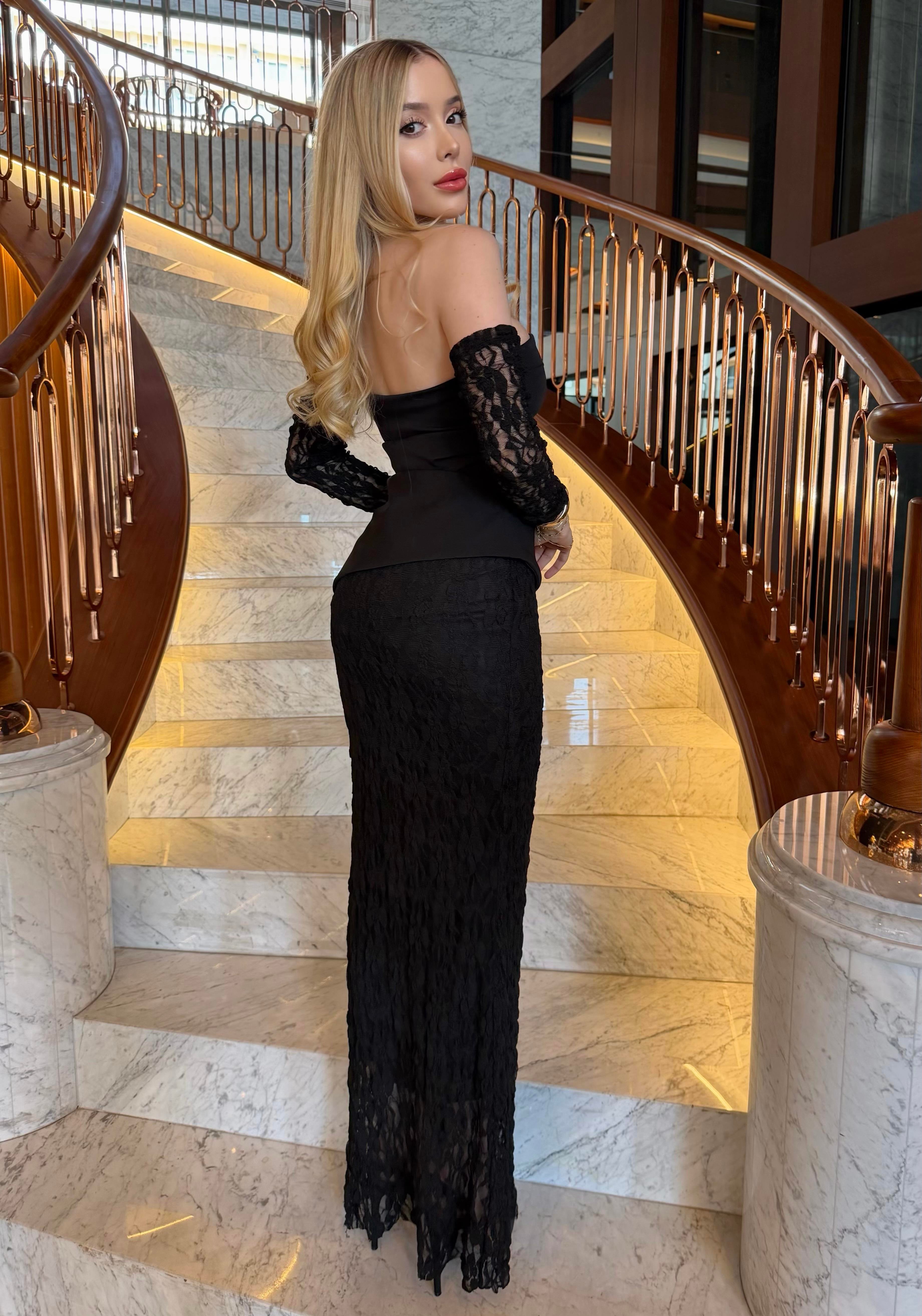 Premium Veloura Royale Dantel Elbise Takım Siyah