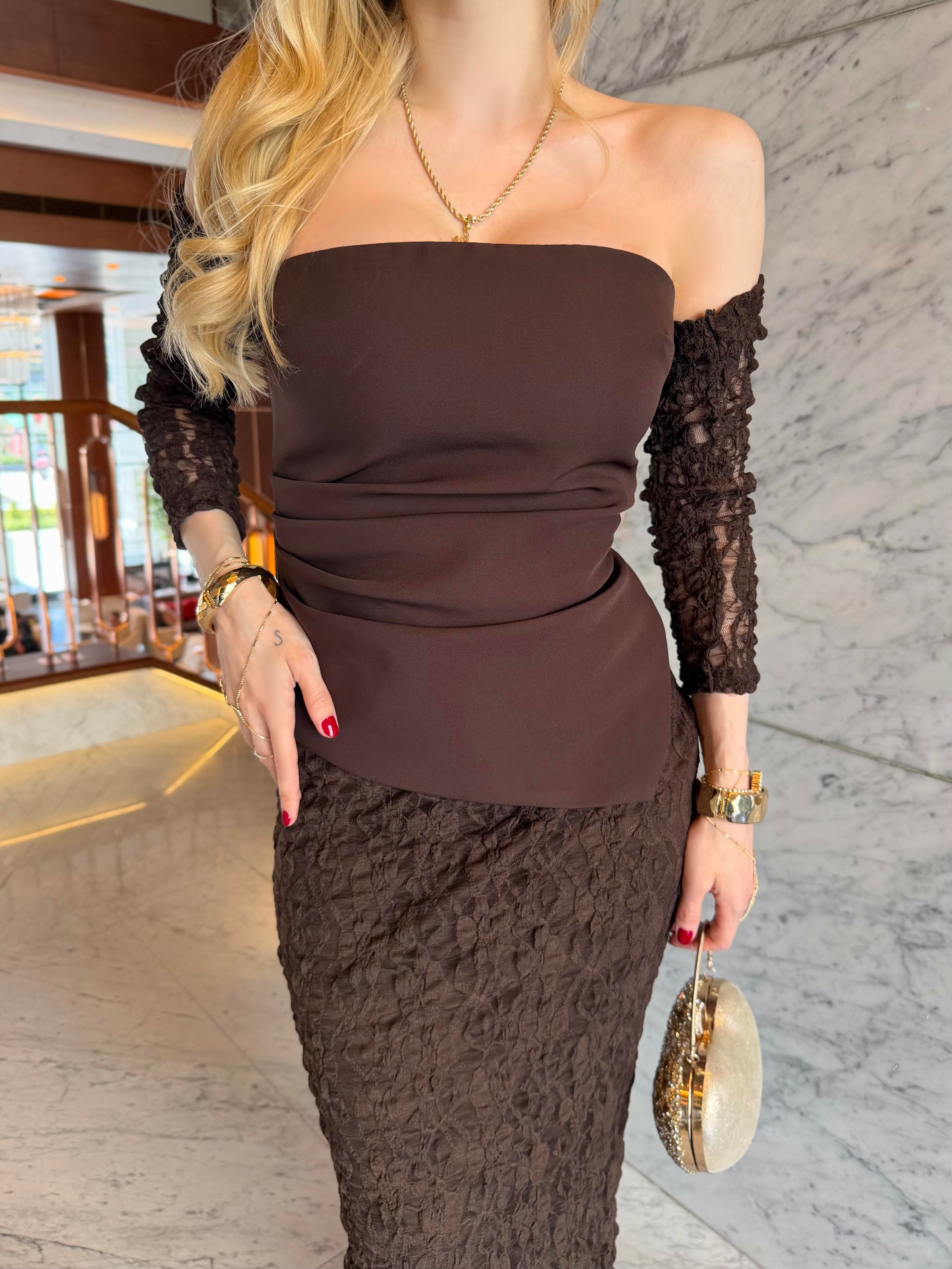 Premium Veloura Royale Dantel Elbise Takım Kahve