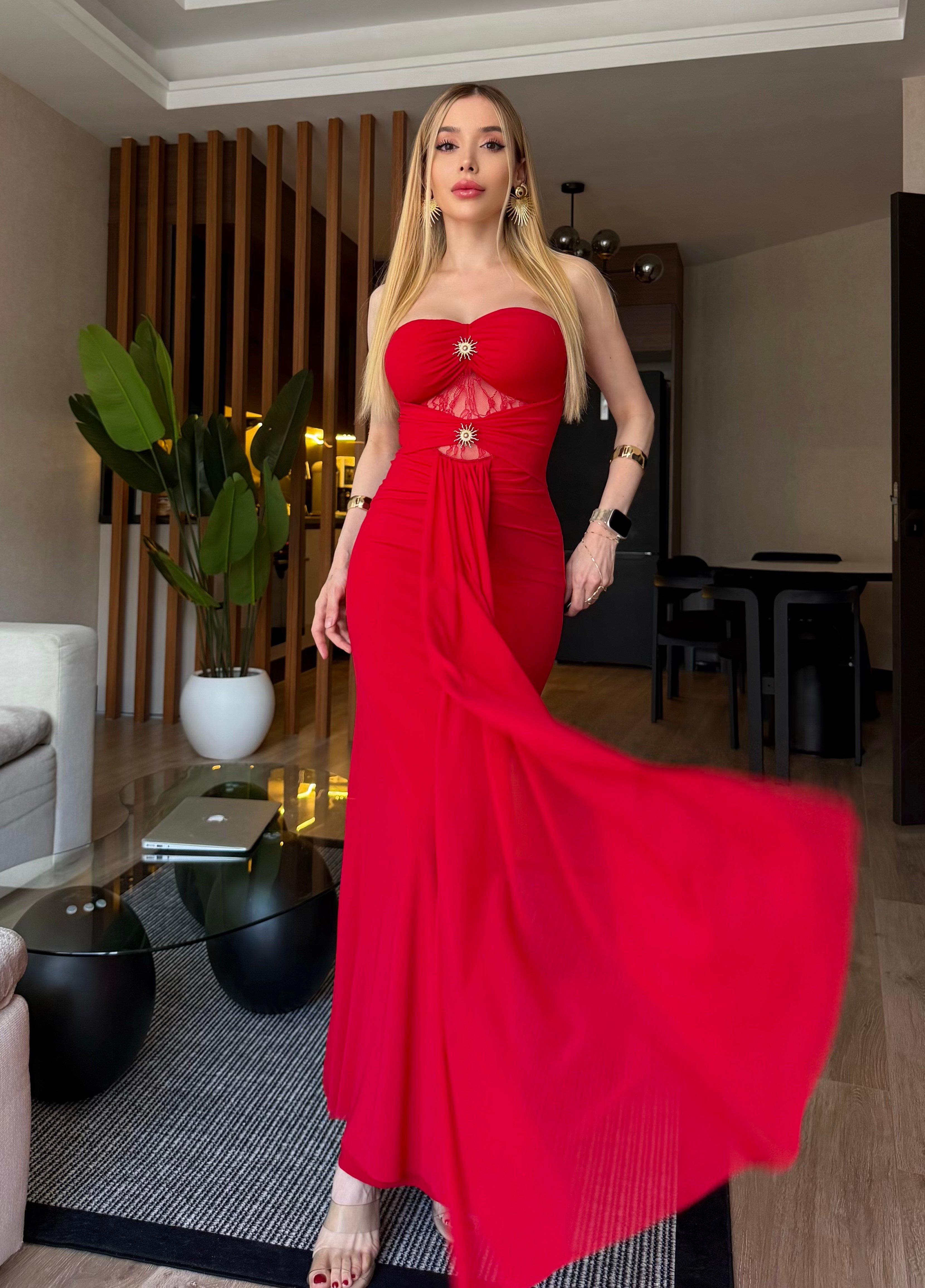 Rosalia Premium Gold Tokalı Dantel Detaylı Elbise