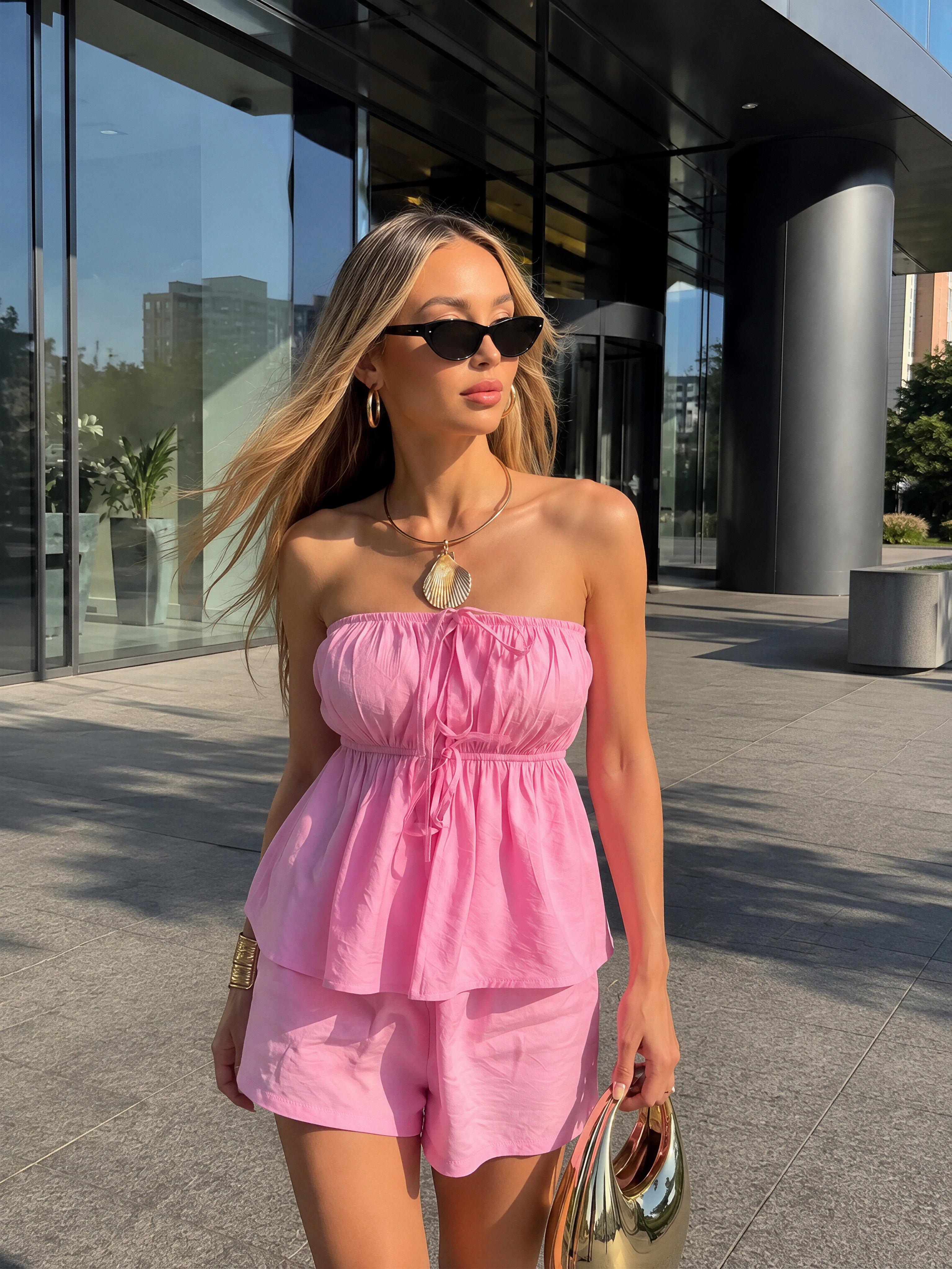 Straplez Bluz ve Yüksek Bel Şortlu Summer Takım