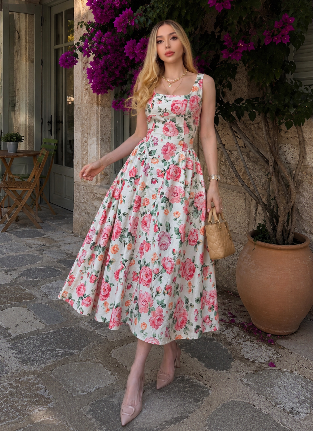 Vintage Rose Bağlama Detaylı Midi Denim Elbise