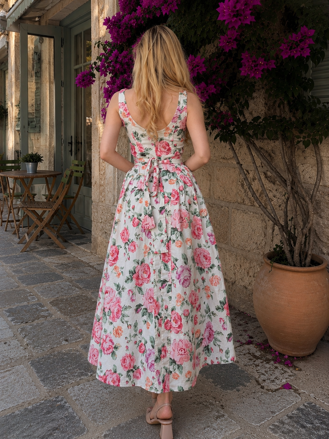 Vintage Rose Bağlama Detaylı Midi Denim Elbise