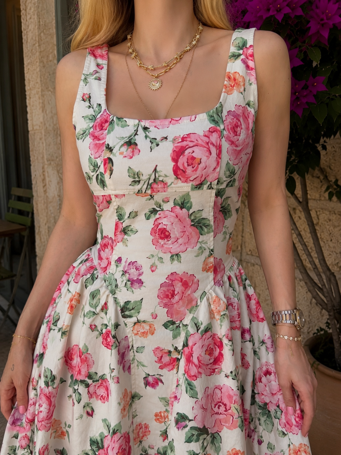 Vintage Rose Bağlama Detaylı Midi Denim Elbise