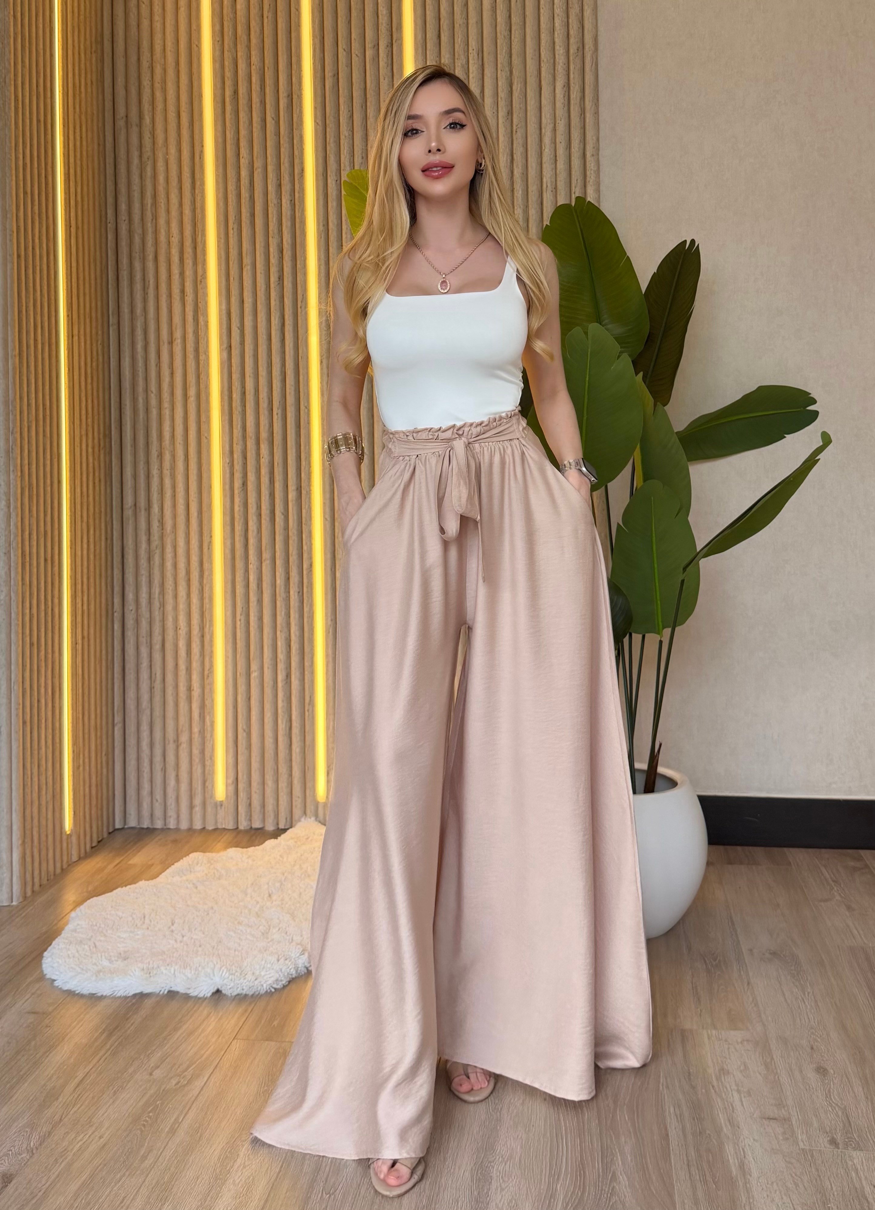 Yanları Cepli, Bağlama Detaylı SilkTouch Wide Elegance Pantolon
