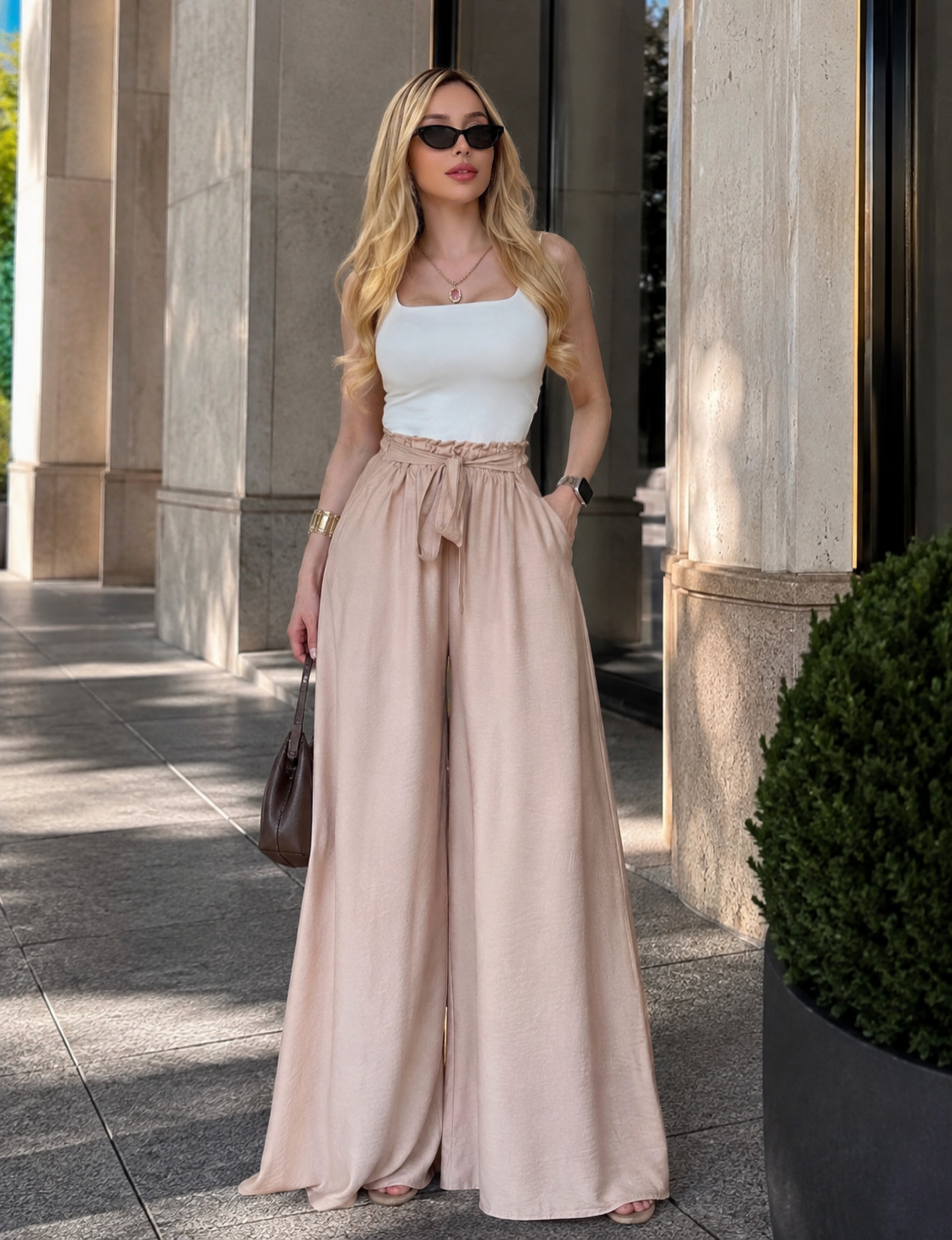 Yanları Cepli, Bağlama Detaylı SilkTouch Wide Elegance Pantolon