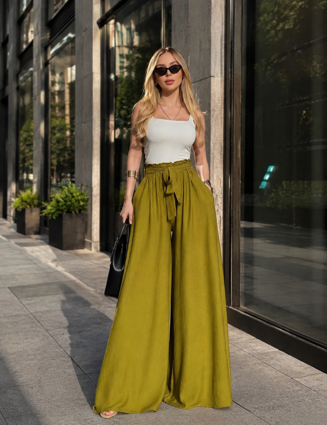 Yanları Cepli, Bağlama Detaylı SilkTouch Wide Elegance Pantolon