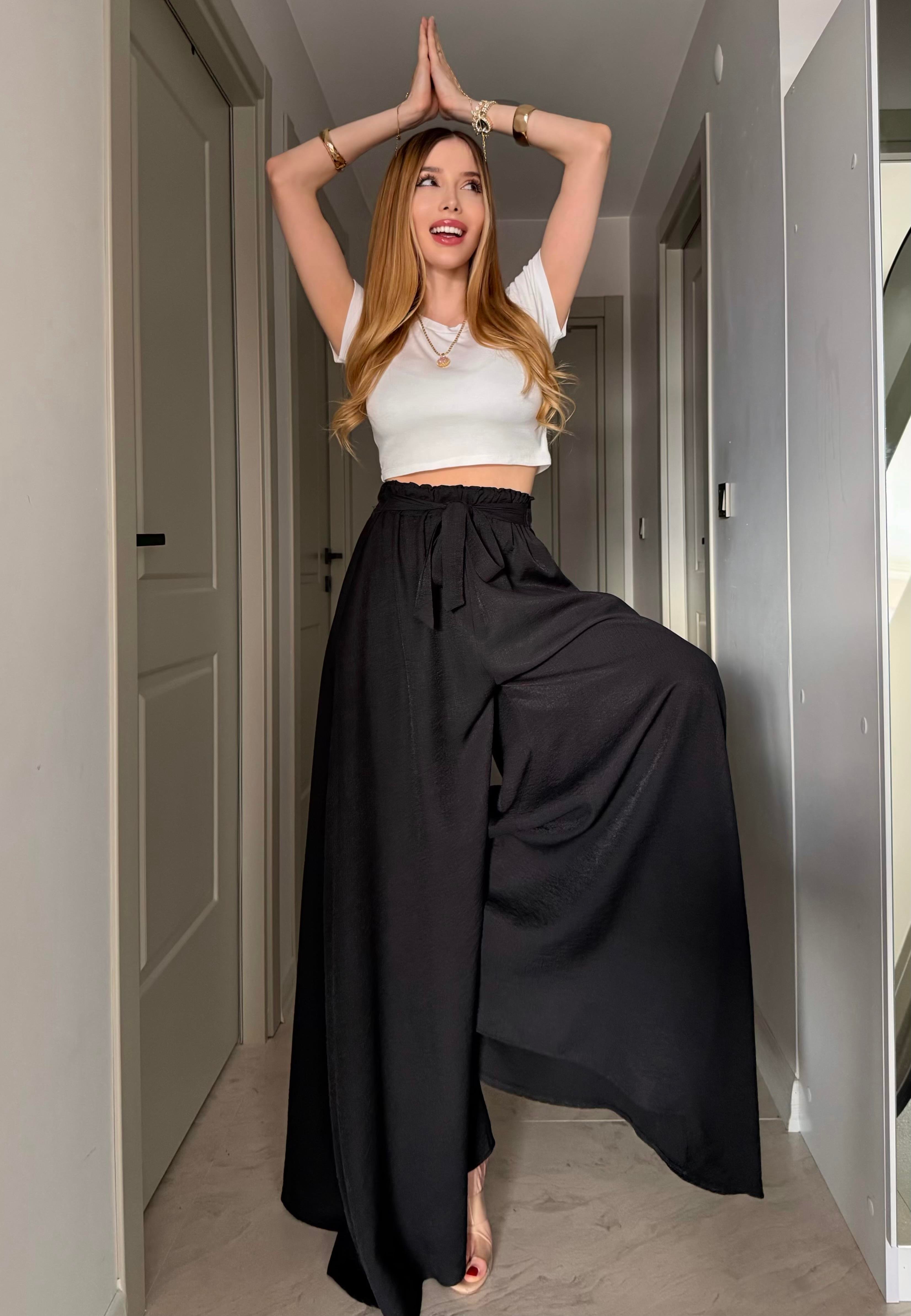 Yanları Cepli, Bağlama Detaylı SilkTouch Wide Elegance Pantolon