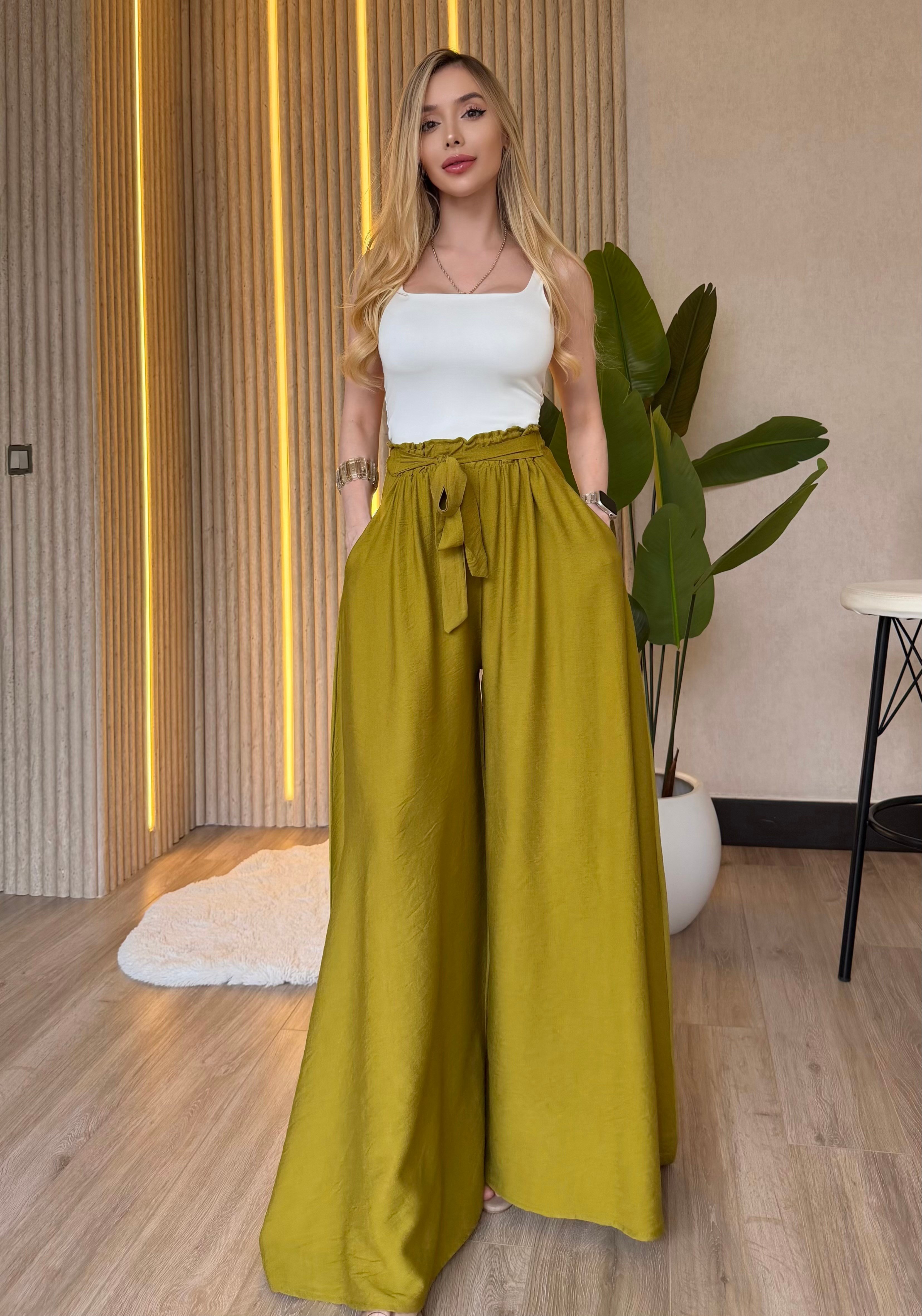 Yanları Cepli, Bağlama Detaylı SilkTouch Wide Elegance Pantolon