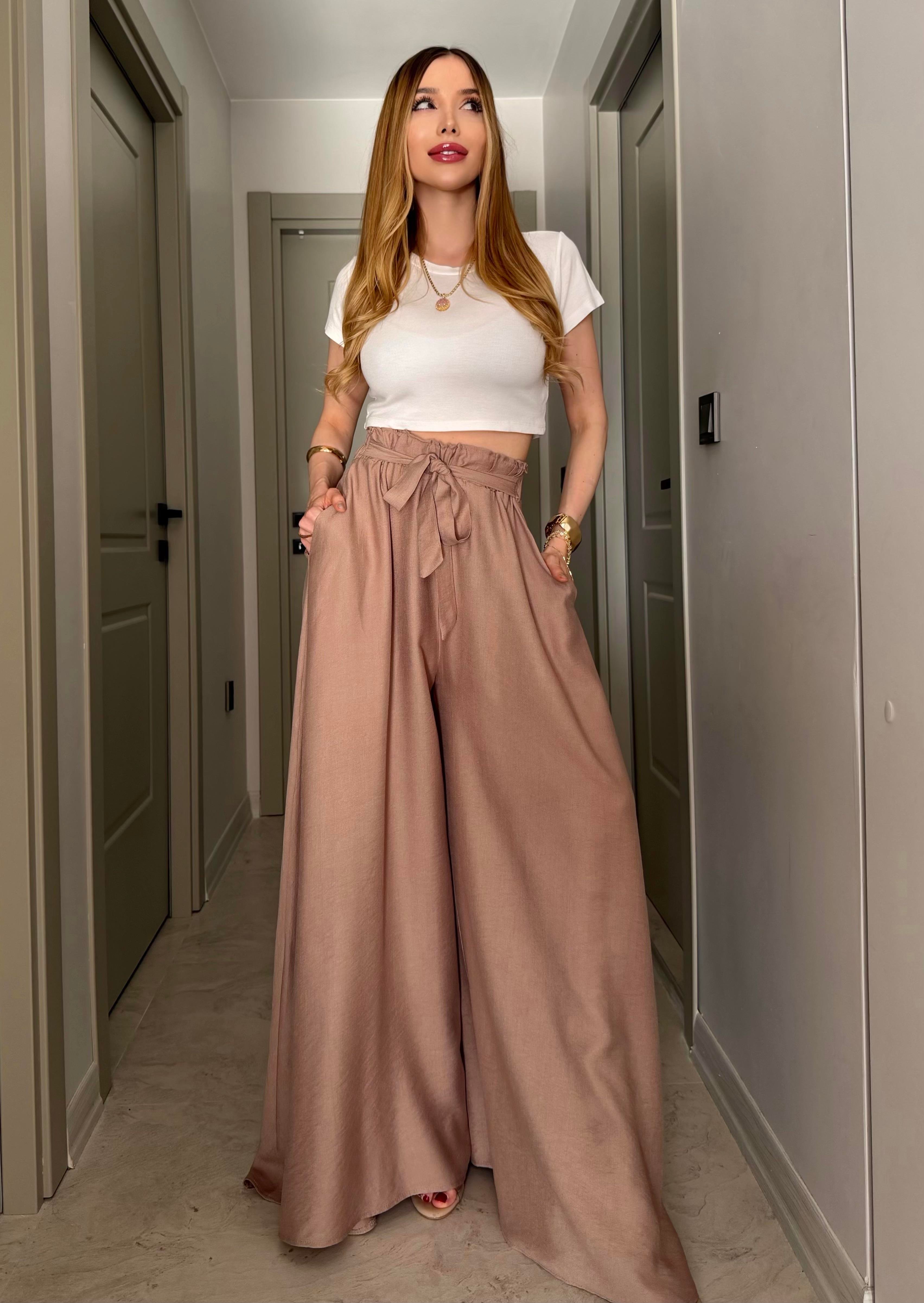 Yanları Cepli, Bağlama Detaylı SilkTouch Wide Elegance Pantolon