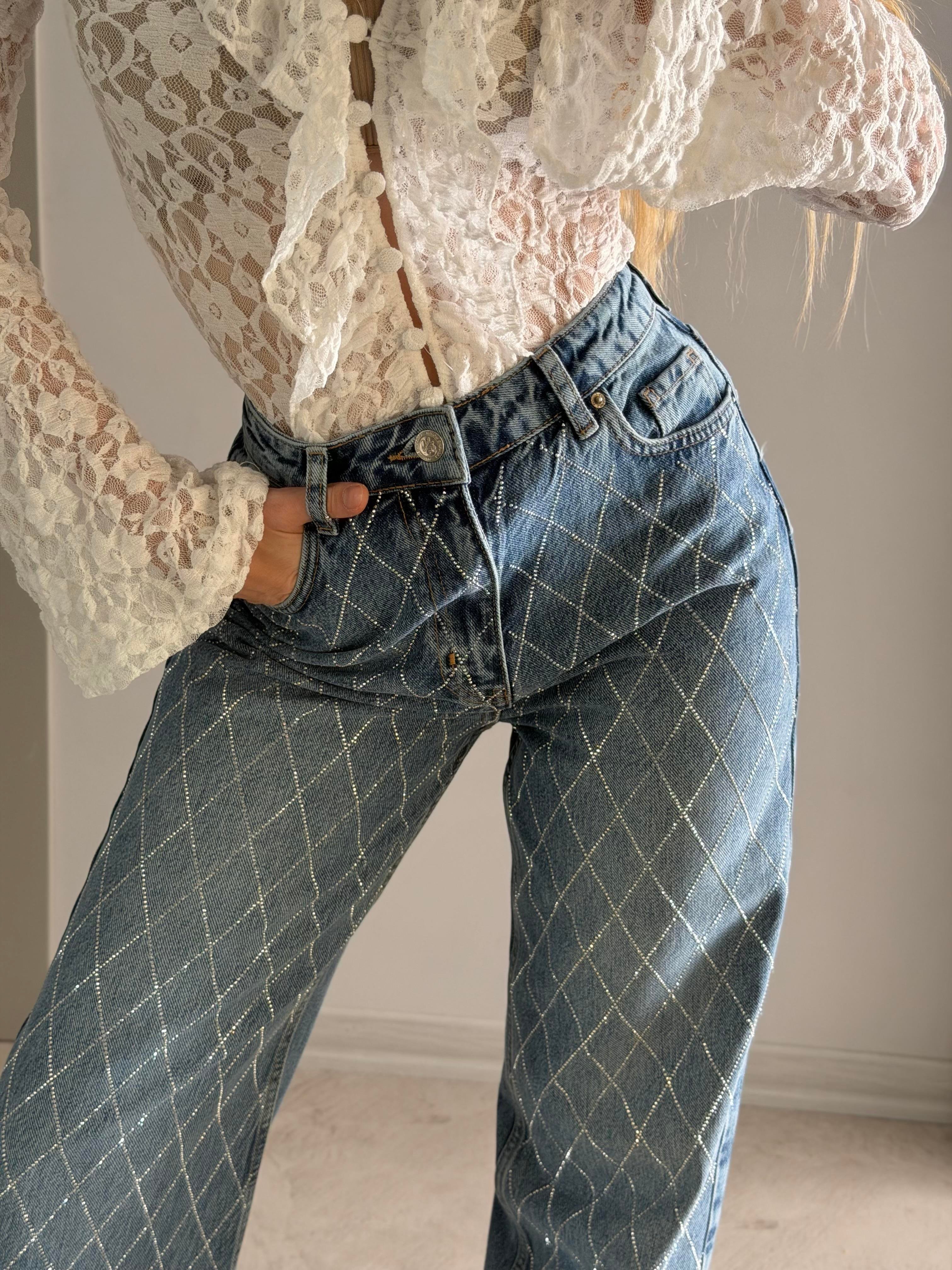 Yüksek Bel Blue Diamond Shine Jean Pantolon