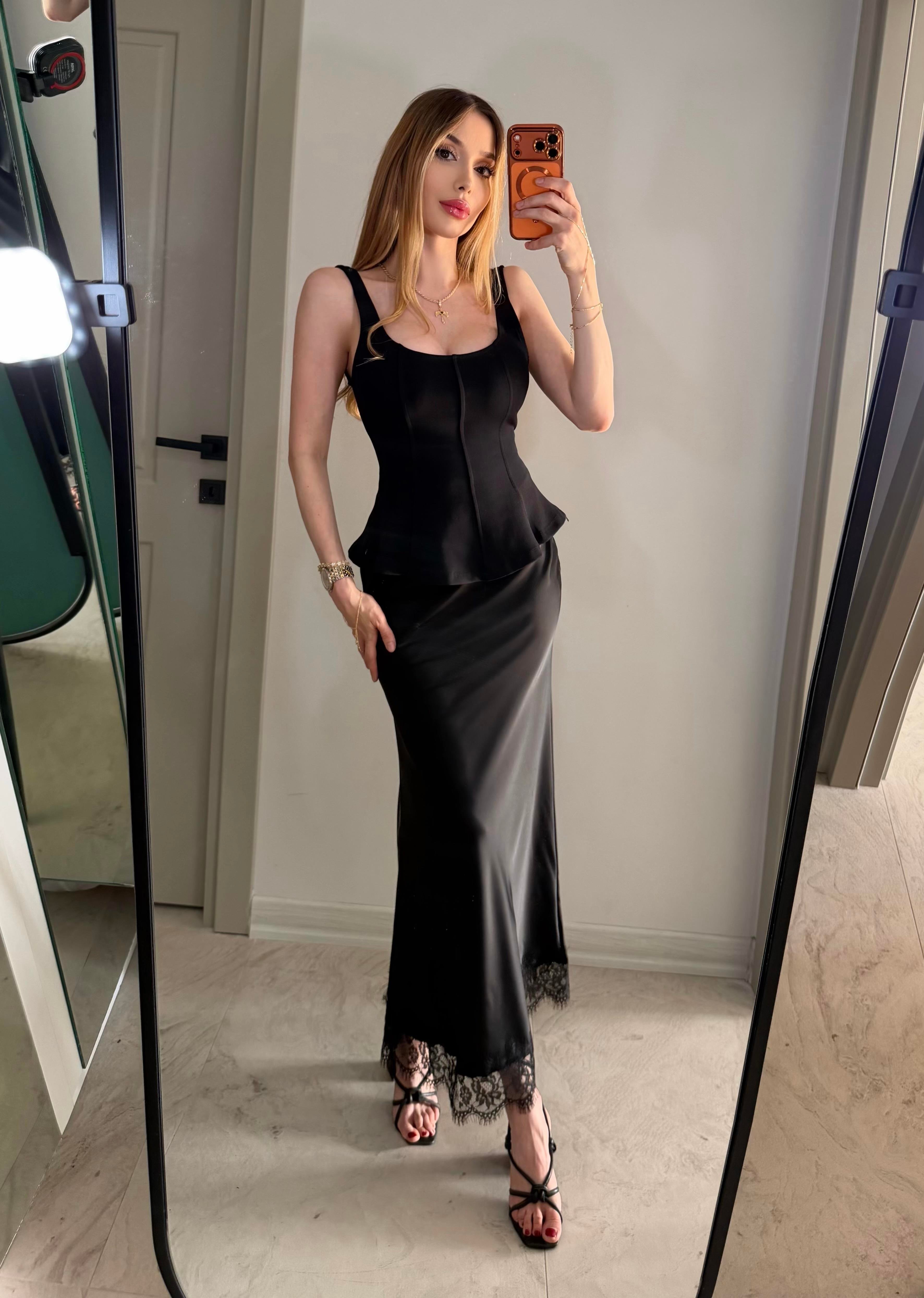 Yüksek Bel Dantel Detaylı Lace Satin Etek