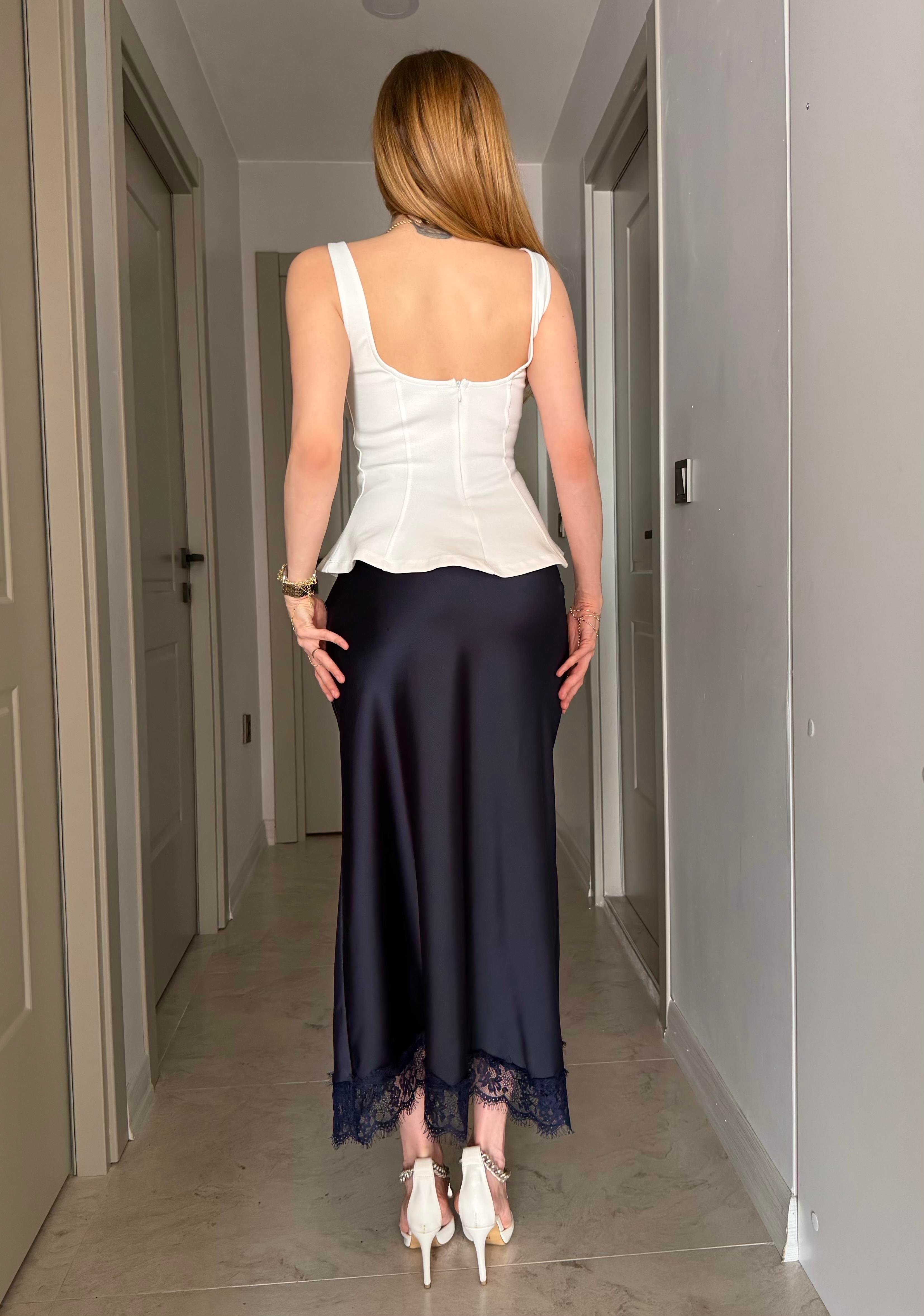 Yüksek Bel Dantel Detaylı Lace Satin Etek