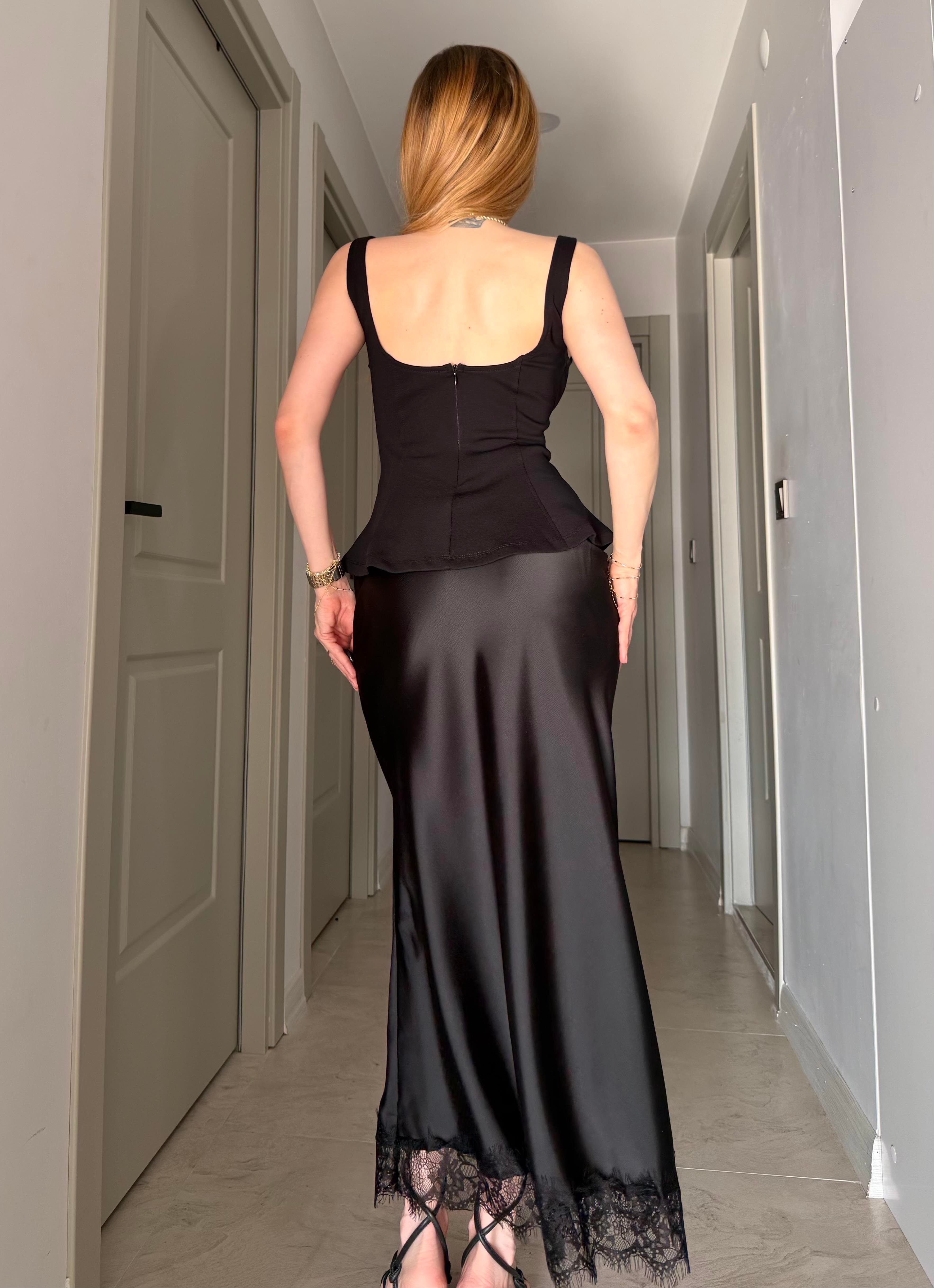 Yüksek Bel Dantel Detaylı Lace Satin Etek