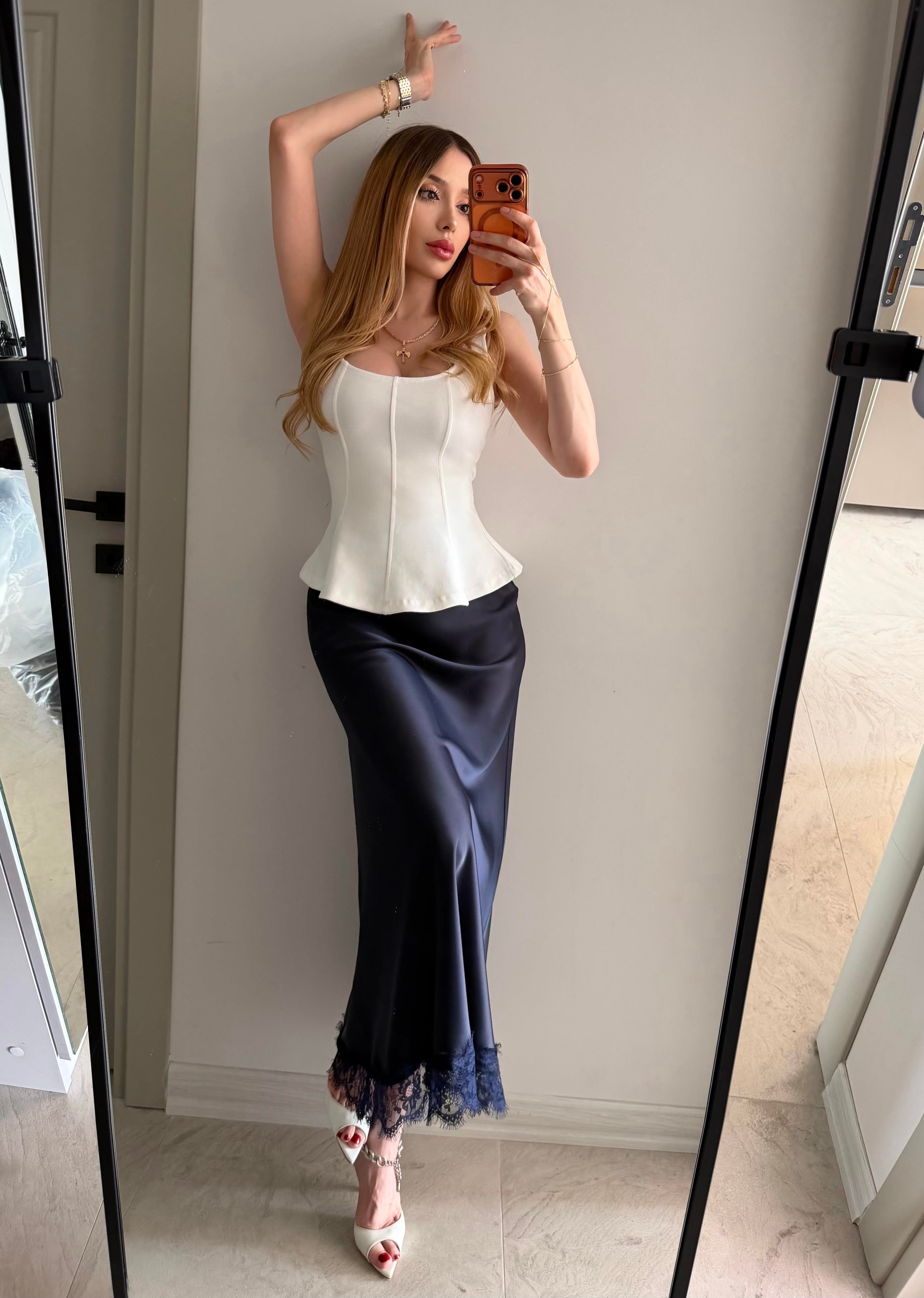 Yüksek Bel Dantel Detaylı Lace Satin Etek