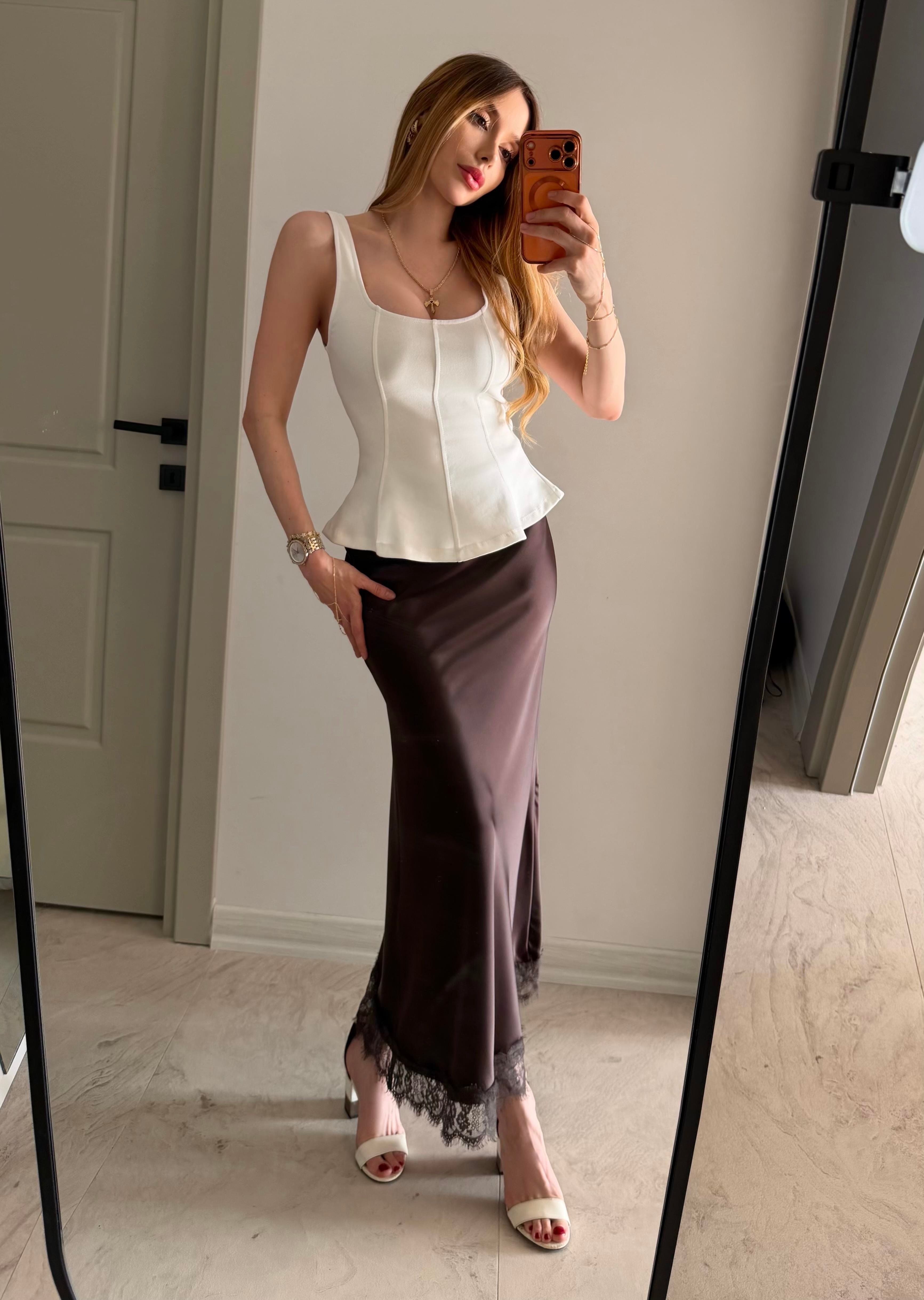Yüksek Bel Dantel Detaylı Lace Satin Etek