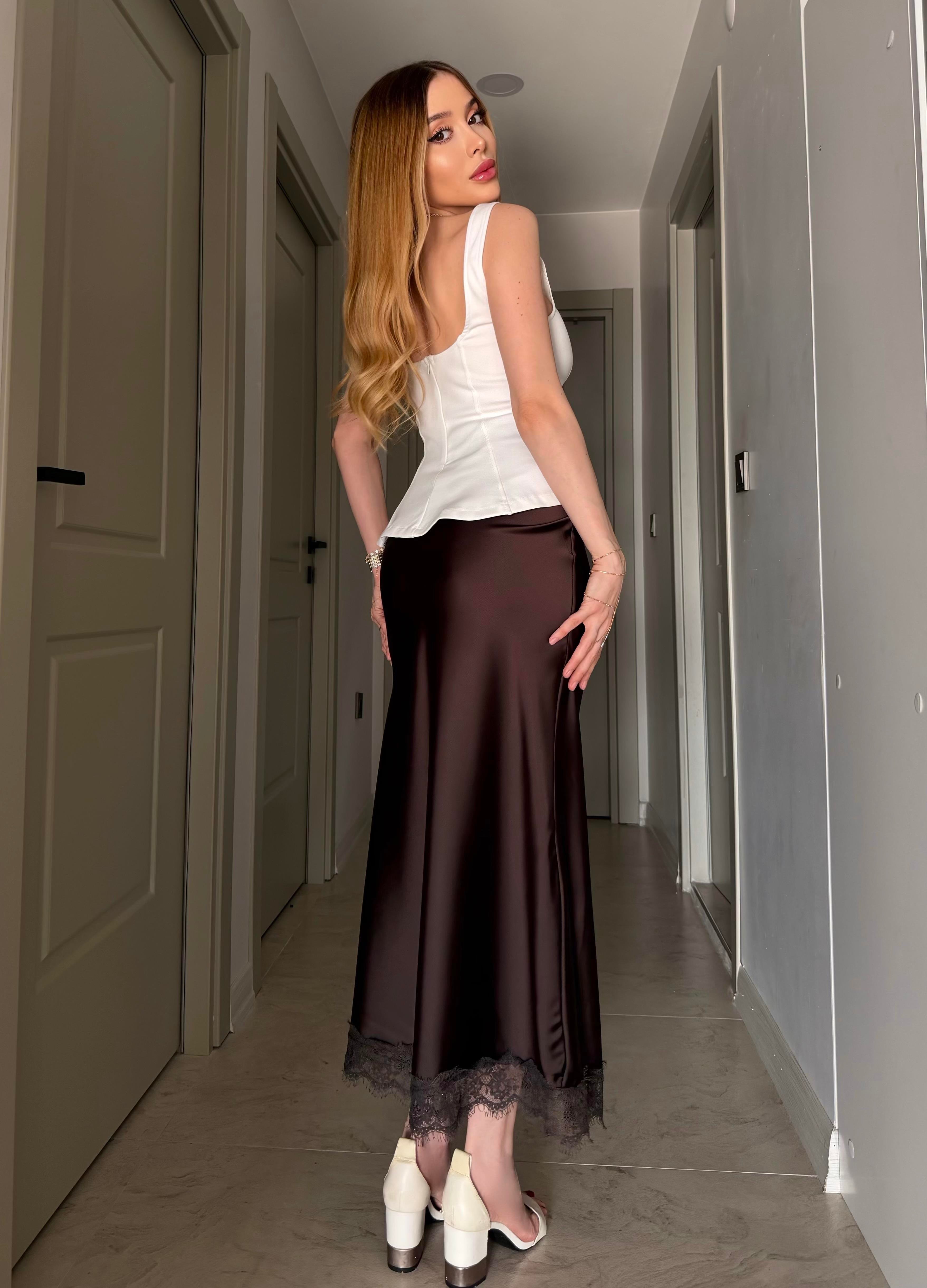 Yüksek Bel Dantel Detaylı Lace Satin Etek