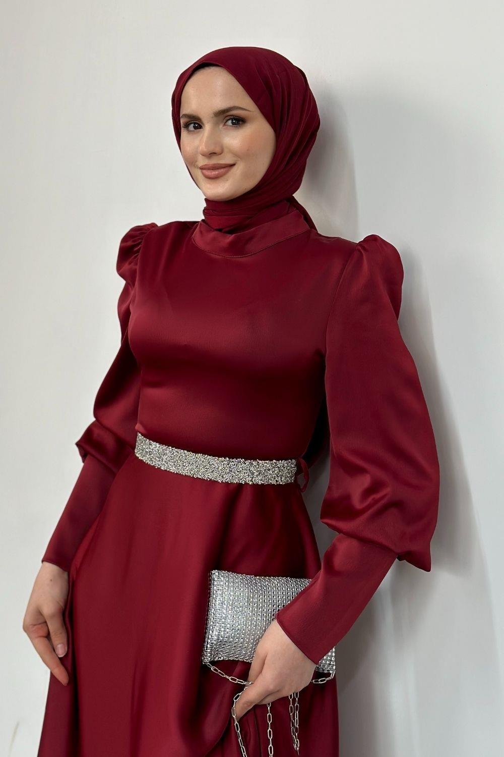 Afra Beli Taşlı Balon Kol Abiye Bordo