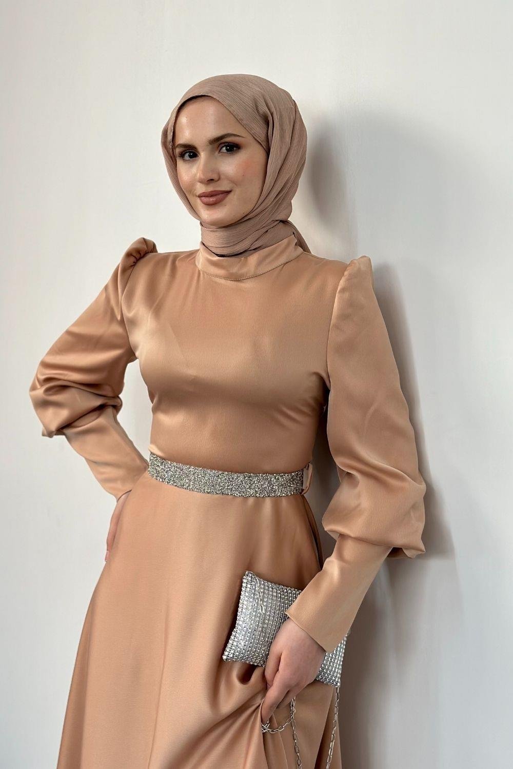 Afra Beli Taşlı Balon Kol Abiye Somon