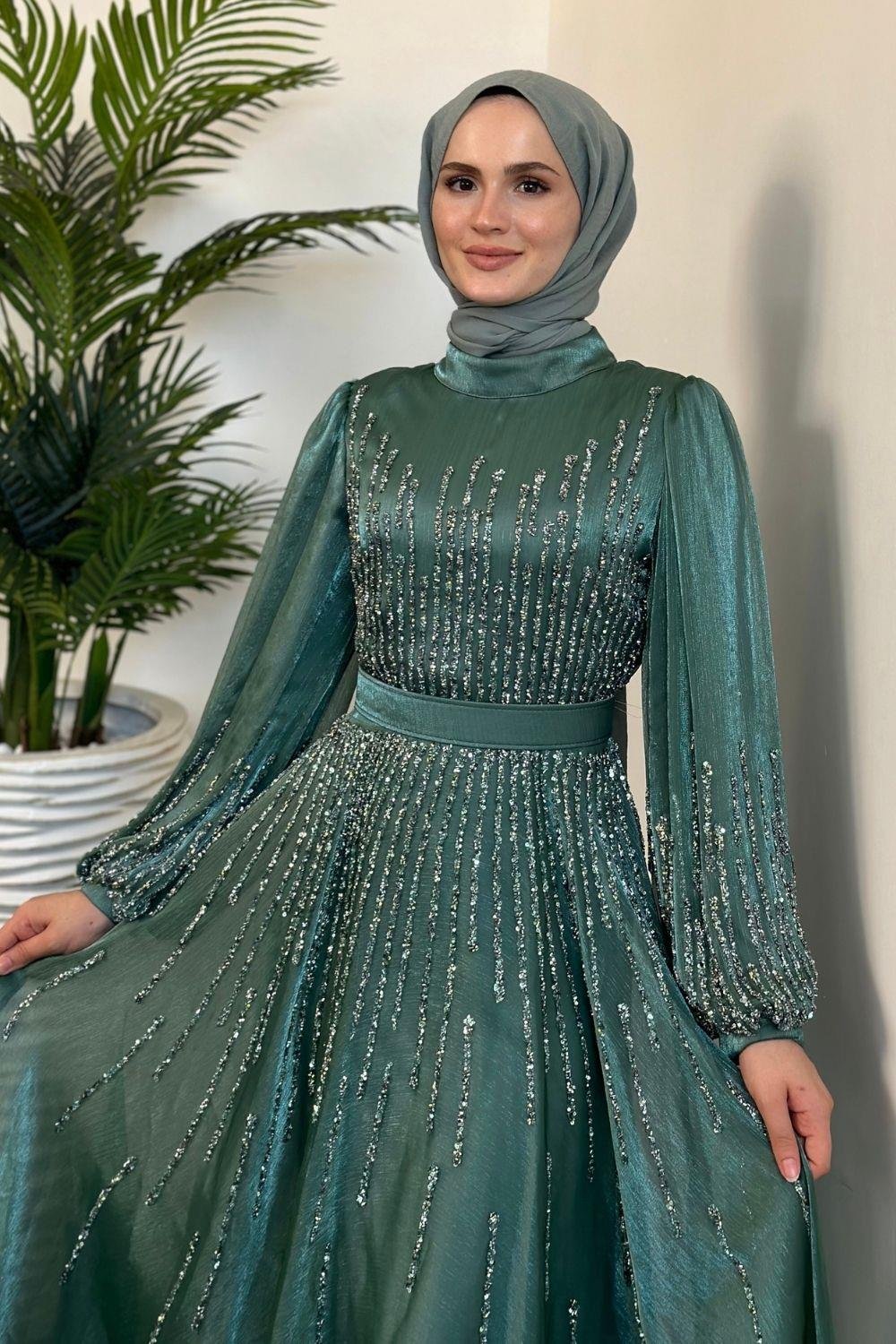 Alina Taş İşlemeli Organze Abiye Mint