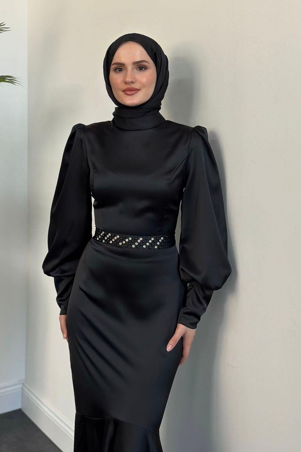 Allegra Kemeri Taşlı Balık Abiye Siyah