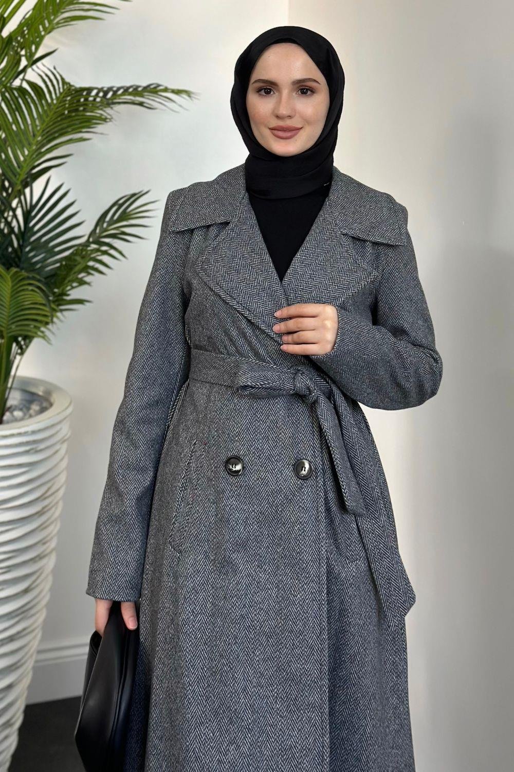 Anjali Düğmeli Astarlı Kaban Füme